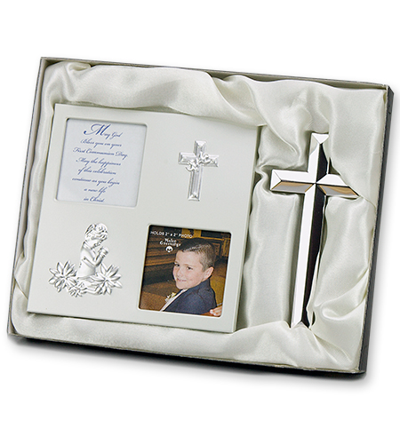 2pc Silver First Communion Frame/Cross Boy Gift Set | 23290 | Malhame