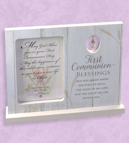 FIRST COMMUNION 9.5in X 7.5in WOOD STANDING PHOTO FRAME WITH HANGING CHALICE