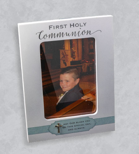 5X7 WOOD BOY FIRST COMMUNION FRAME WITH BLUE RIBBON & CROSS-HOLDS 4X6 PHOTO