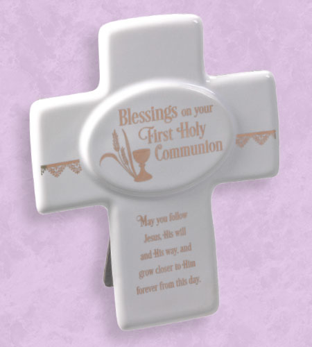 10in X 7.5in PORCELAIN FIRST COMMUNION CROSS TABLETOP OR CAN HANG