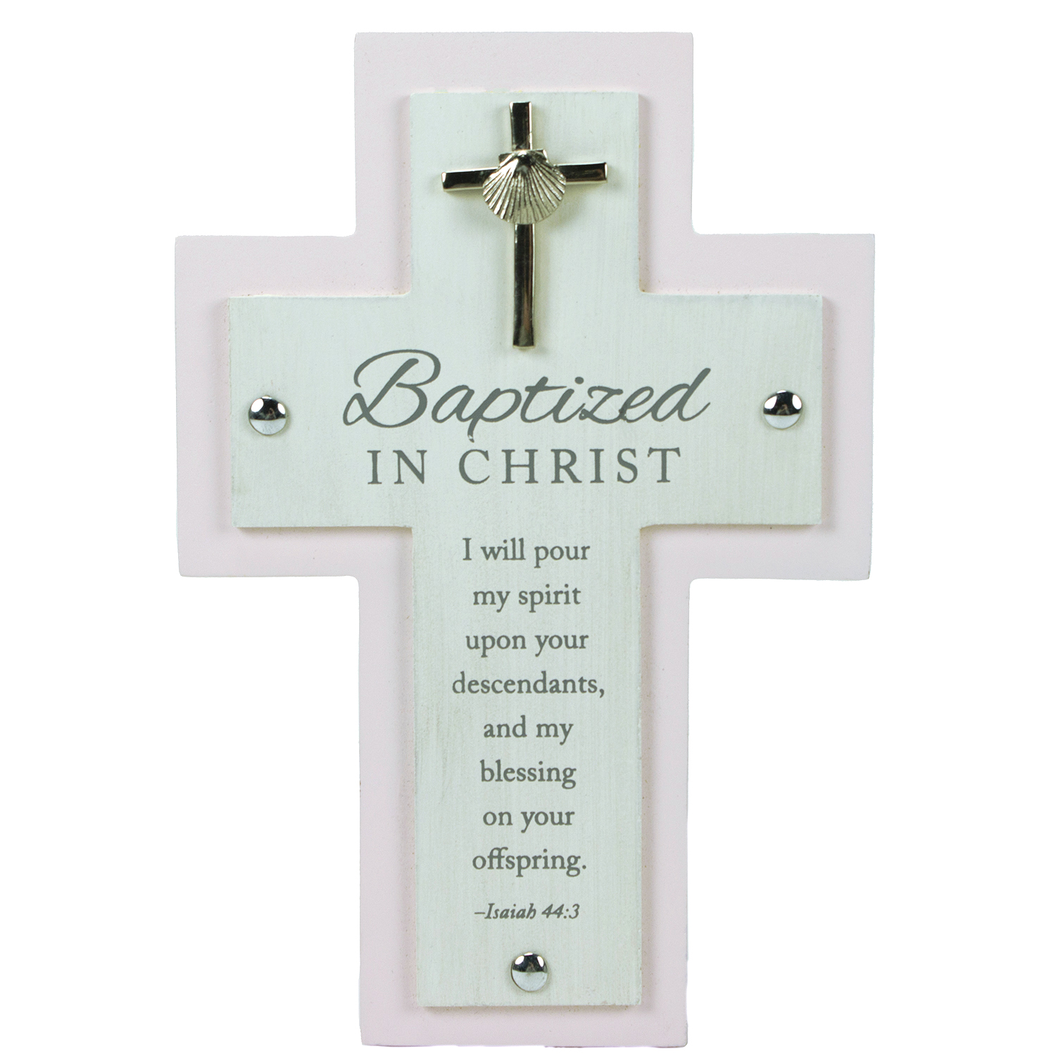 7in Wood Girl's Baptism cross w/metal cross & shell can hang or stand