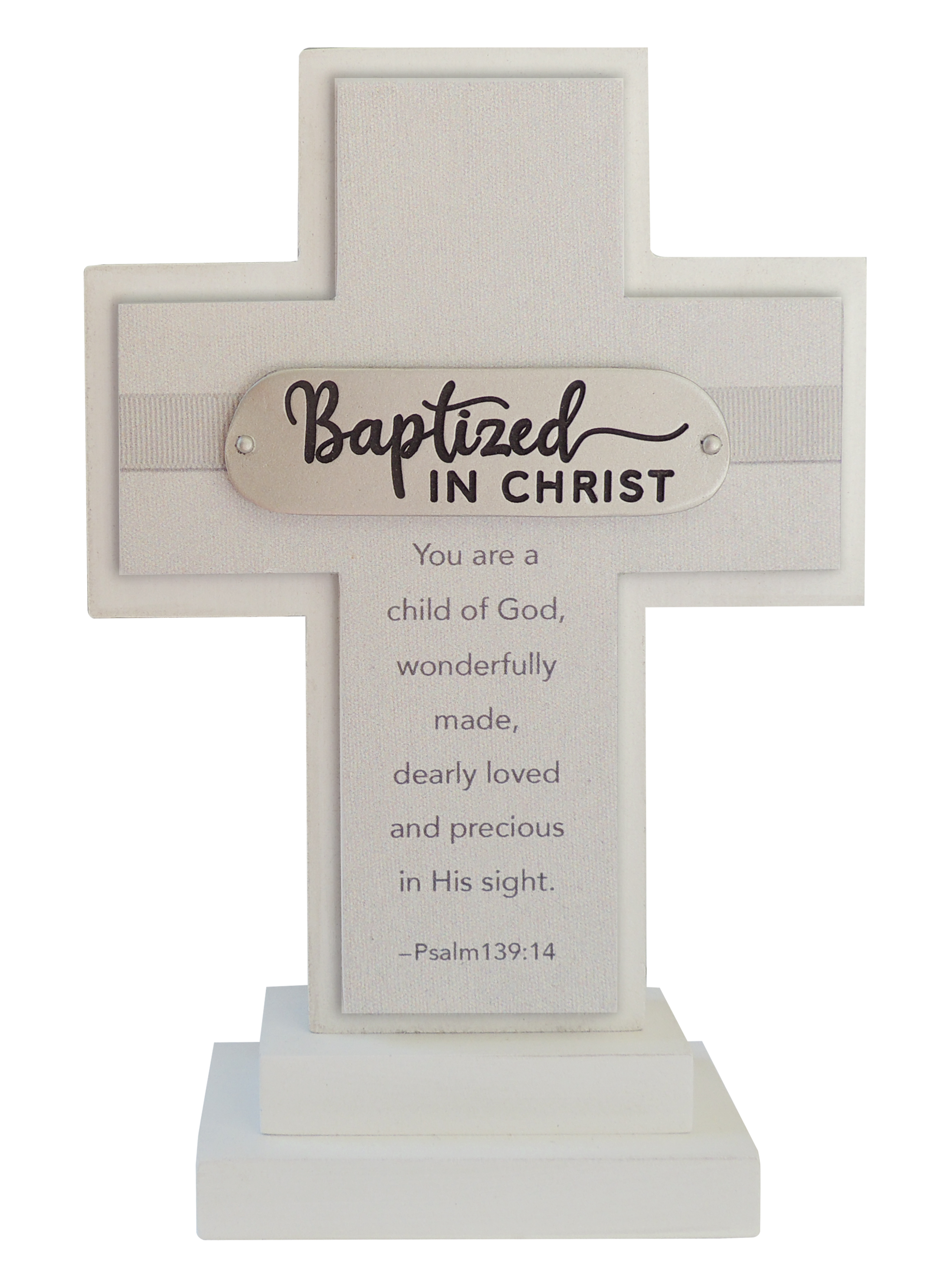 7in Standing Wood Baptism Cross w/brass plate