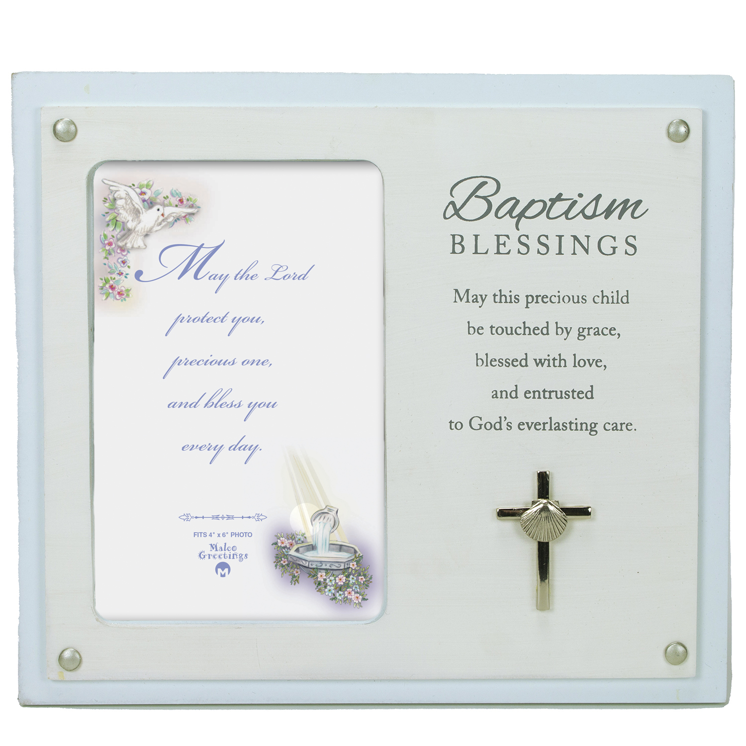 7.5in x8.5in Wood Boy's Baptism frame w/ & Metal Cross & Shell Accent hangs or stands - holds 4in x6in photo