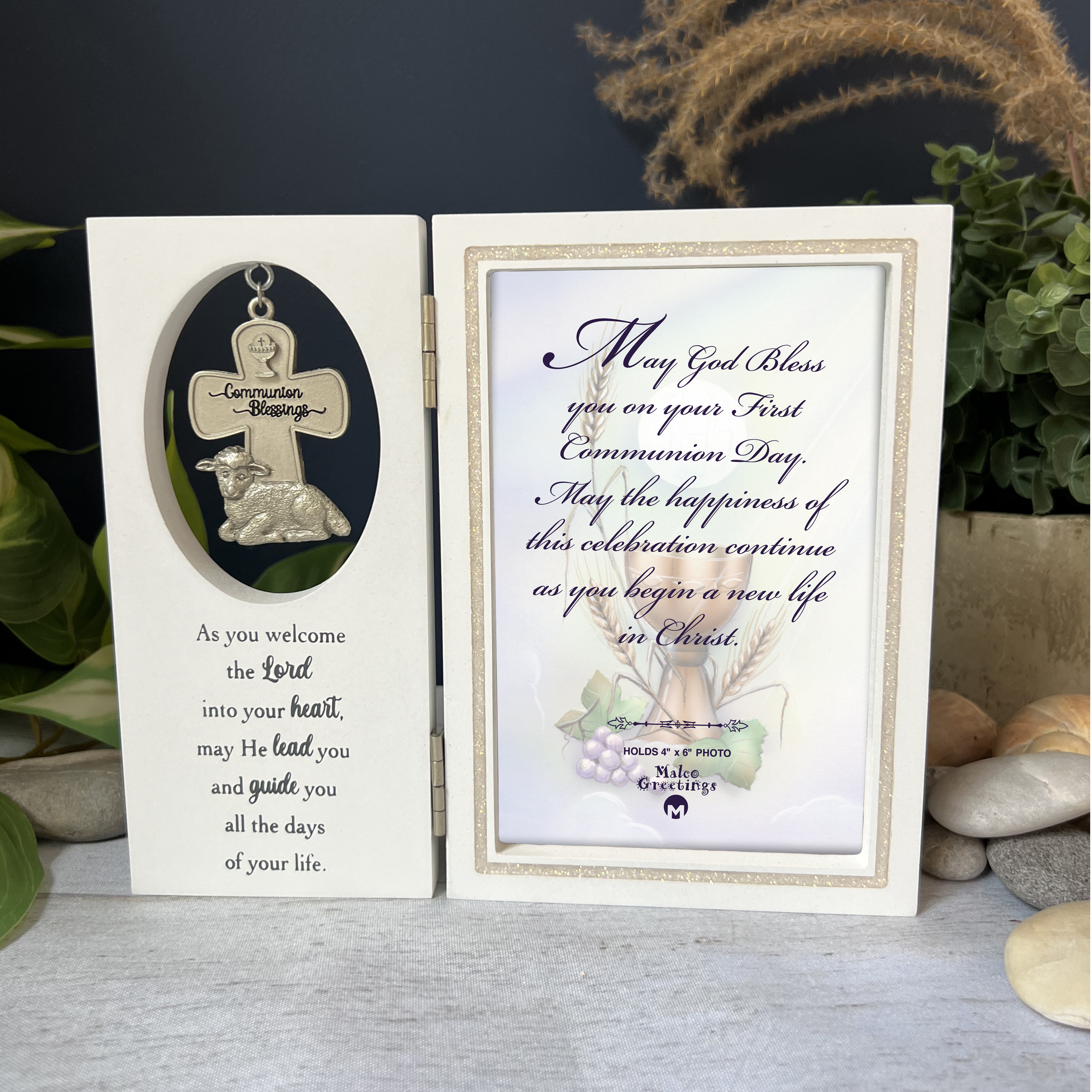 First Communion Frame Hinged Wood with Cast Metal Dangling Cross and heartfelt Message. Glitter Epoxy Bevel around 4x6in Photo. 7.5x6.5in overall size.