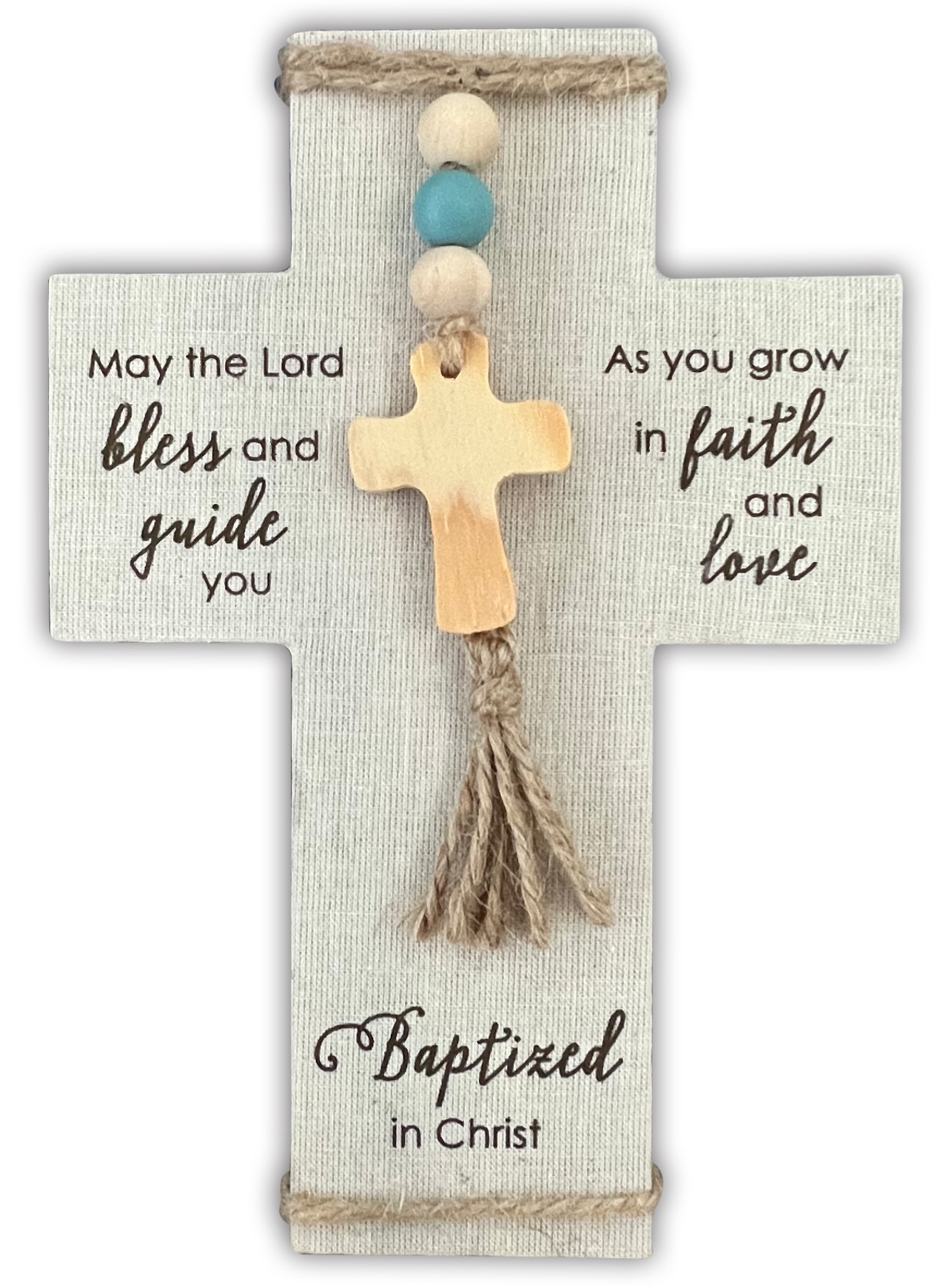 Baptism Boy - 7.5in Wood Cross, wrapped in fabric, adorned with jute, wood beads and cross. Ready to hang or stand.