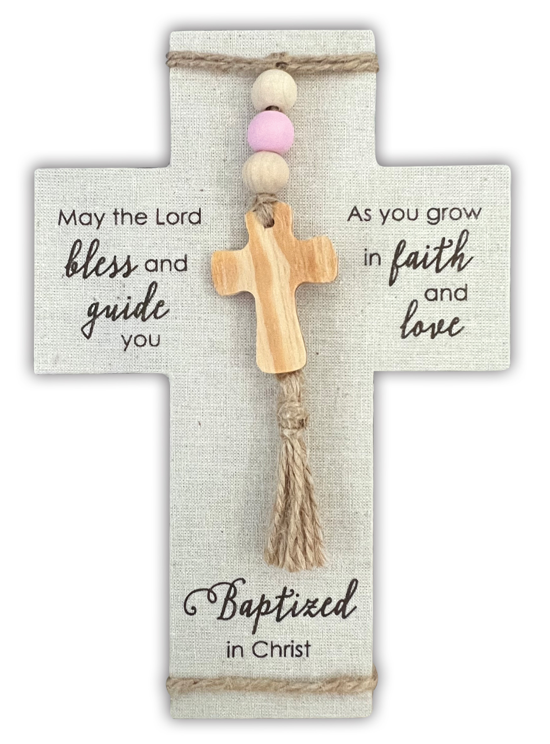 Baptism Girl - 7.5in Wood Cross, wrapped in fabric, adorned with jute, wood beads and cross. Ready to hang or stand.