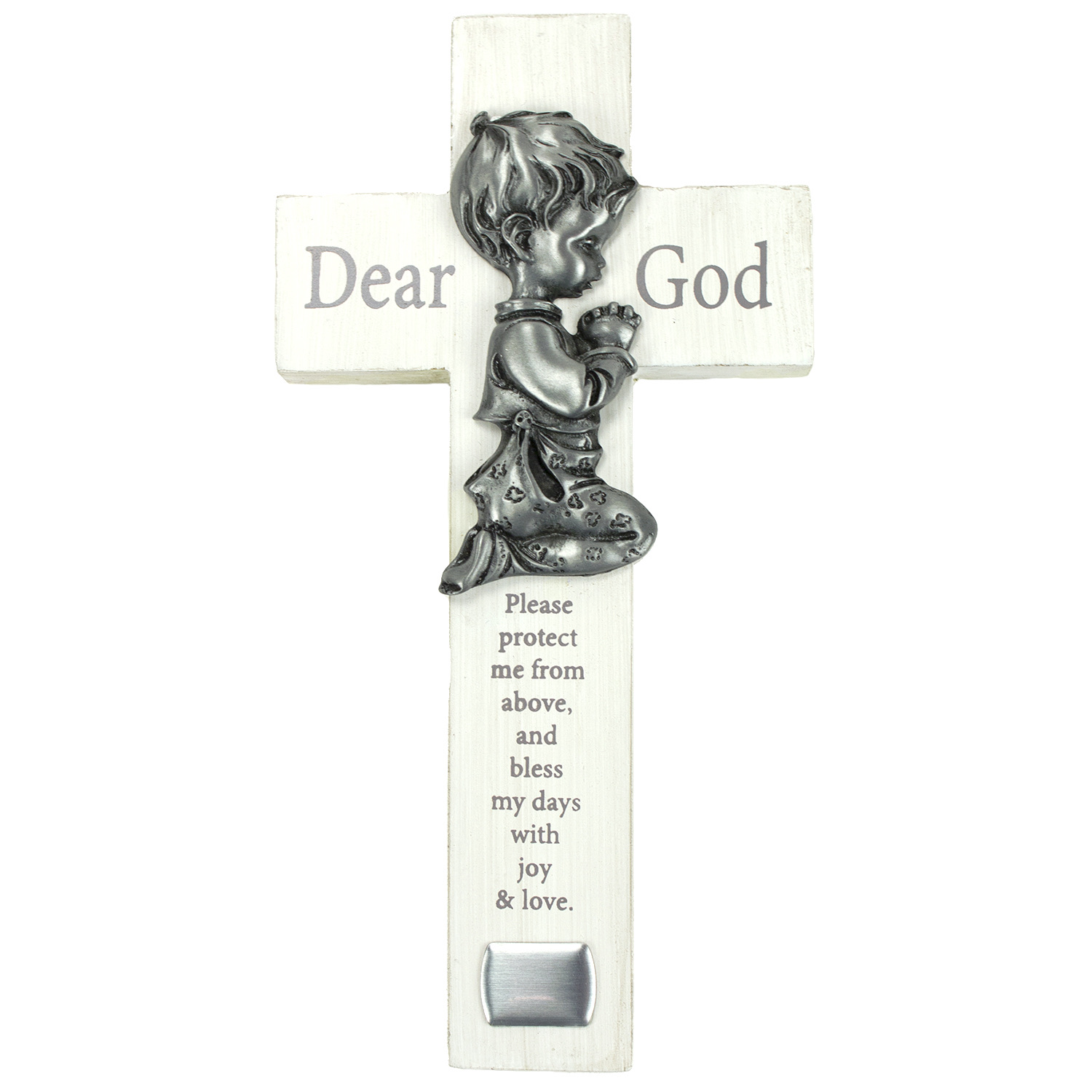 6in Boy Bedtime Wood Prayer Cross with Pewter Praying Boy. Includes engraving plate for personalization.