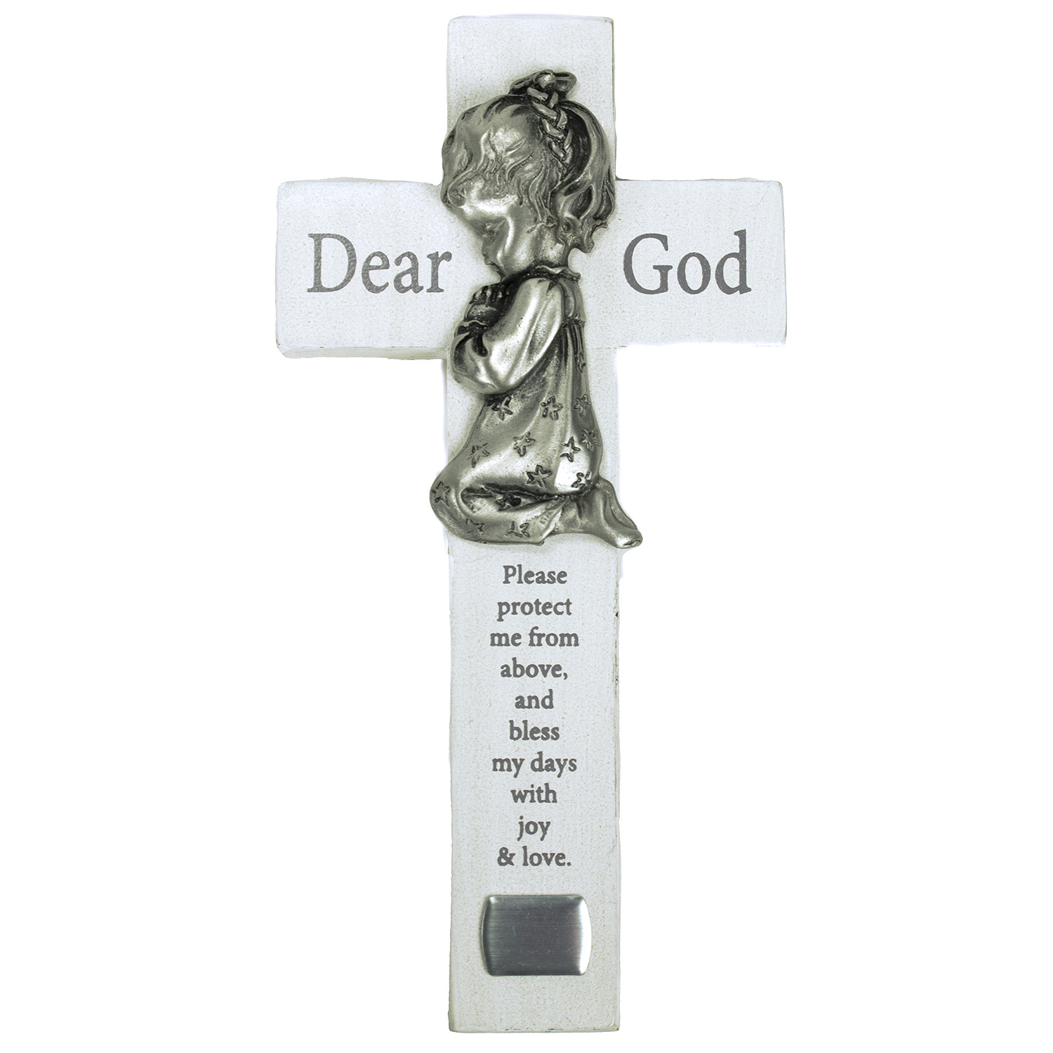 6in Girl Bedtime Wood Prayer Cross with Pewter Praying Girl. Includes engraving plate for personalization.