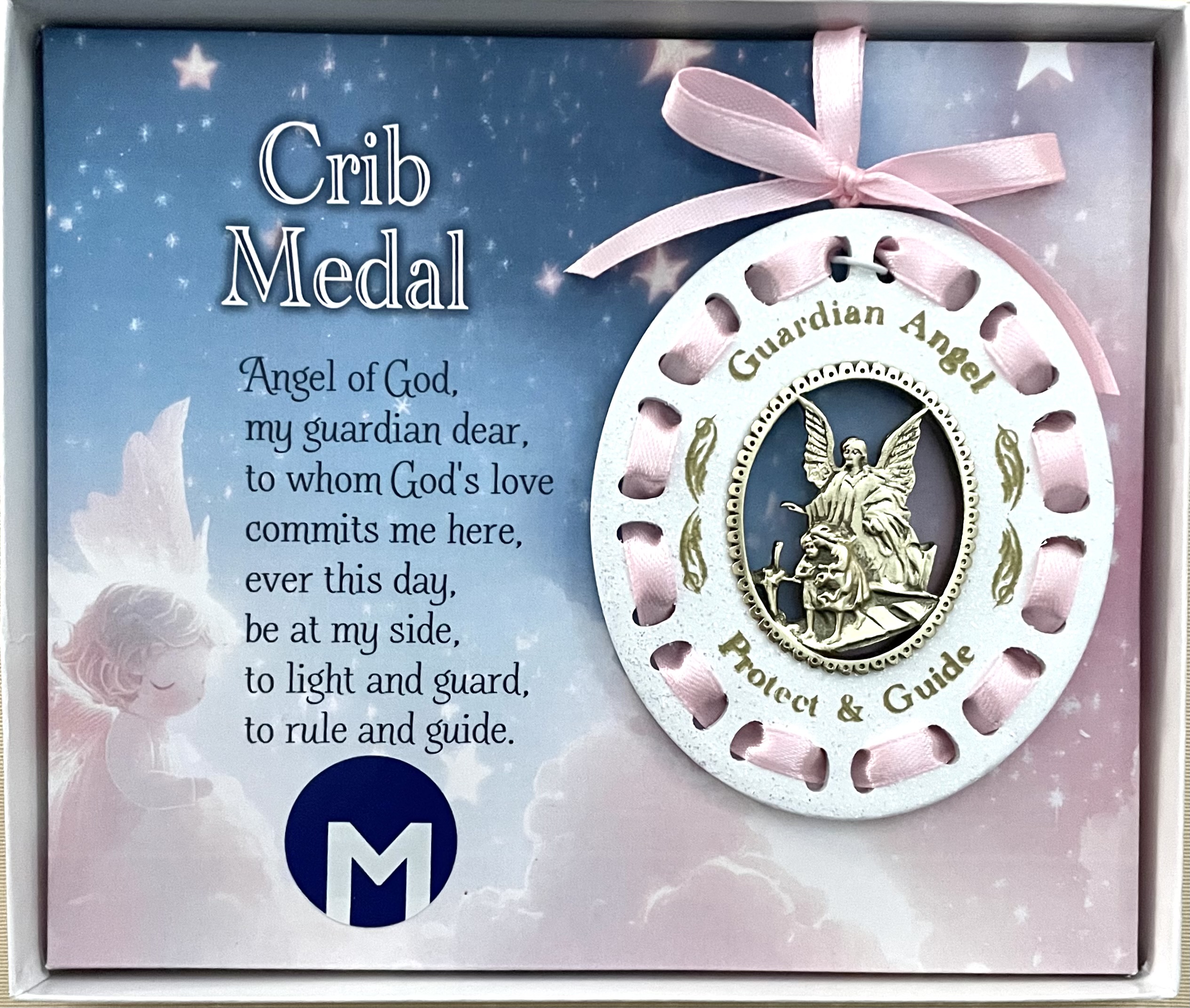Crib Medal with Pink Ribbon woven through White Sparkled Wood with cut out oval with antique gold finish cast metal sculpted angel 3.5 in H x 3in W. Window box    