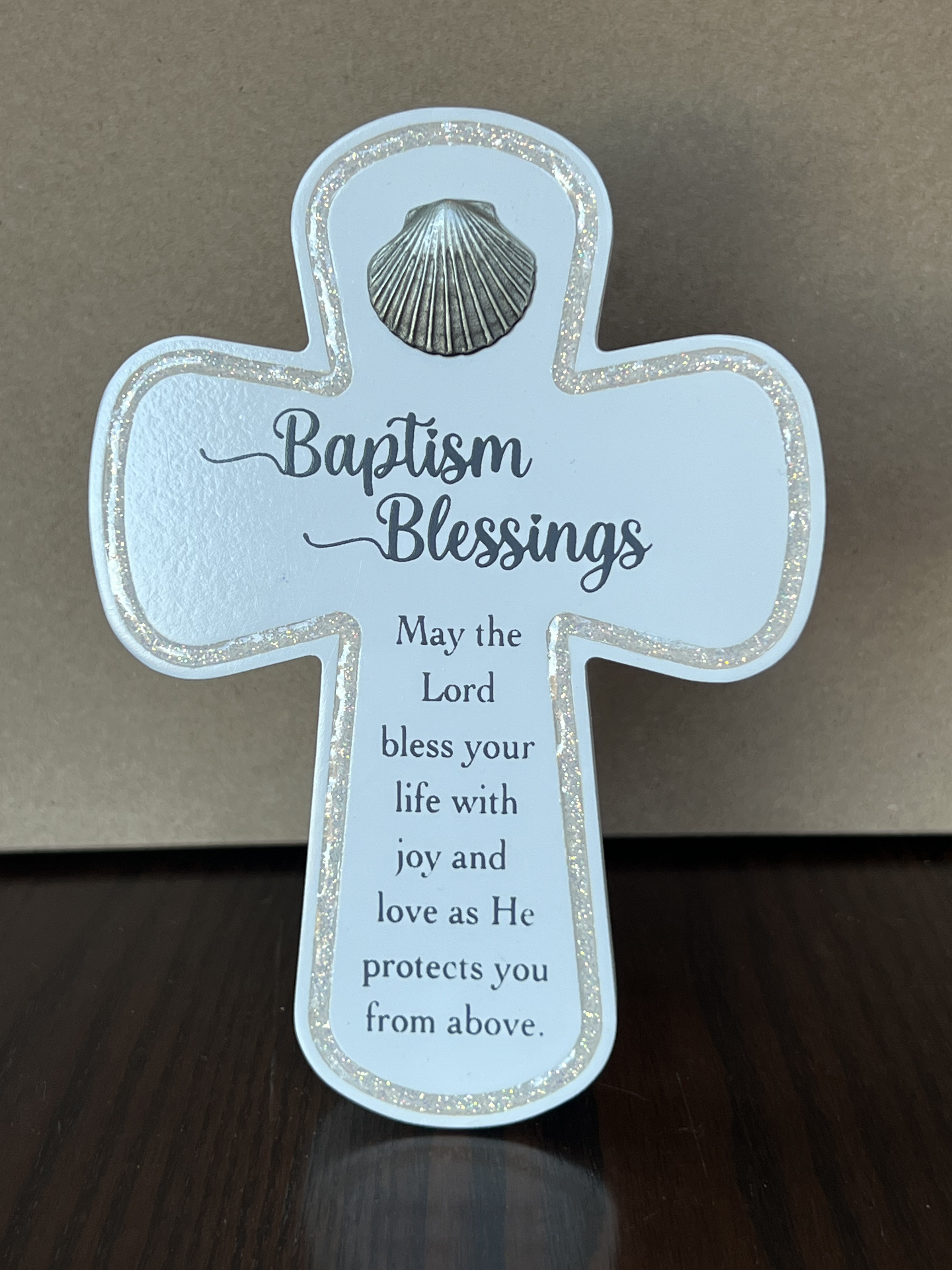 Baptism Standing Cross. Wood with Cast Metal Shell and Biblical Quote. Features Glitter Epoxy Bevel around the Edge. May Hang or Stand. 4in W x 6in H