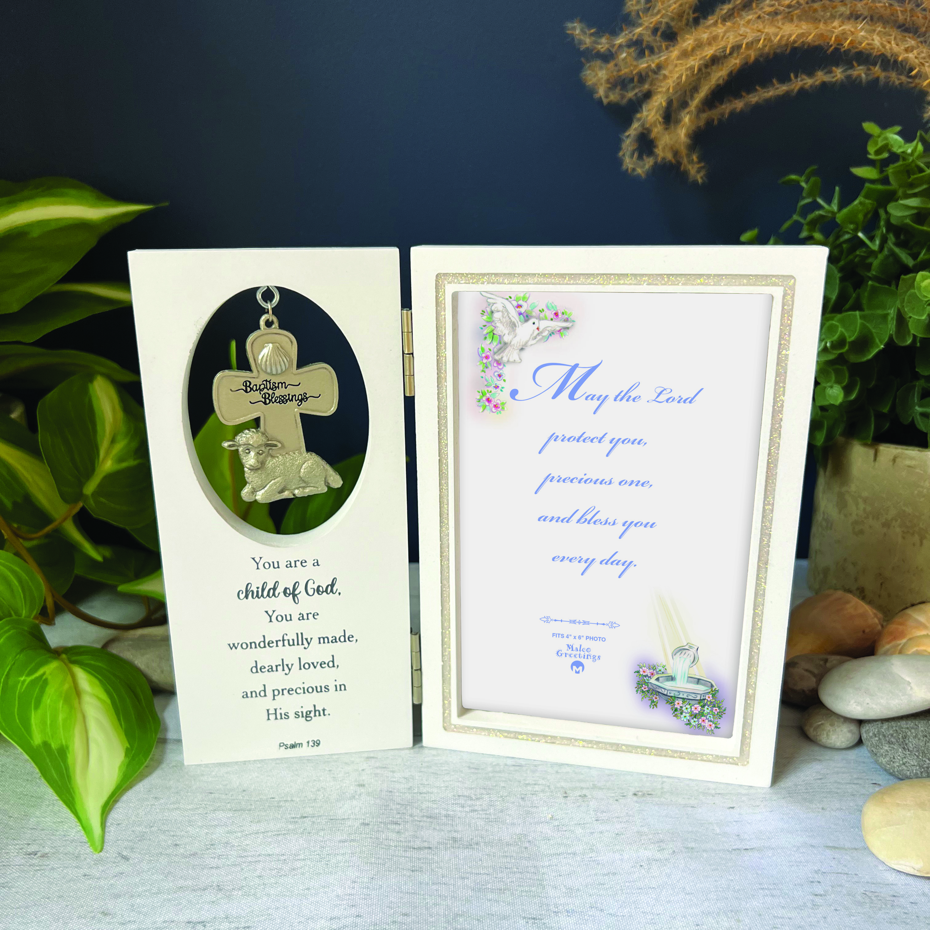 Baptism Frame Hinged Wood with Cast Metal Dangling Cross and heartfelt Message. Glitter Epoxy Bevel around 4x6in Photo. 7.5x6.5in overall size.