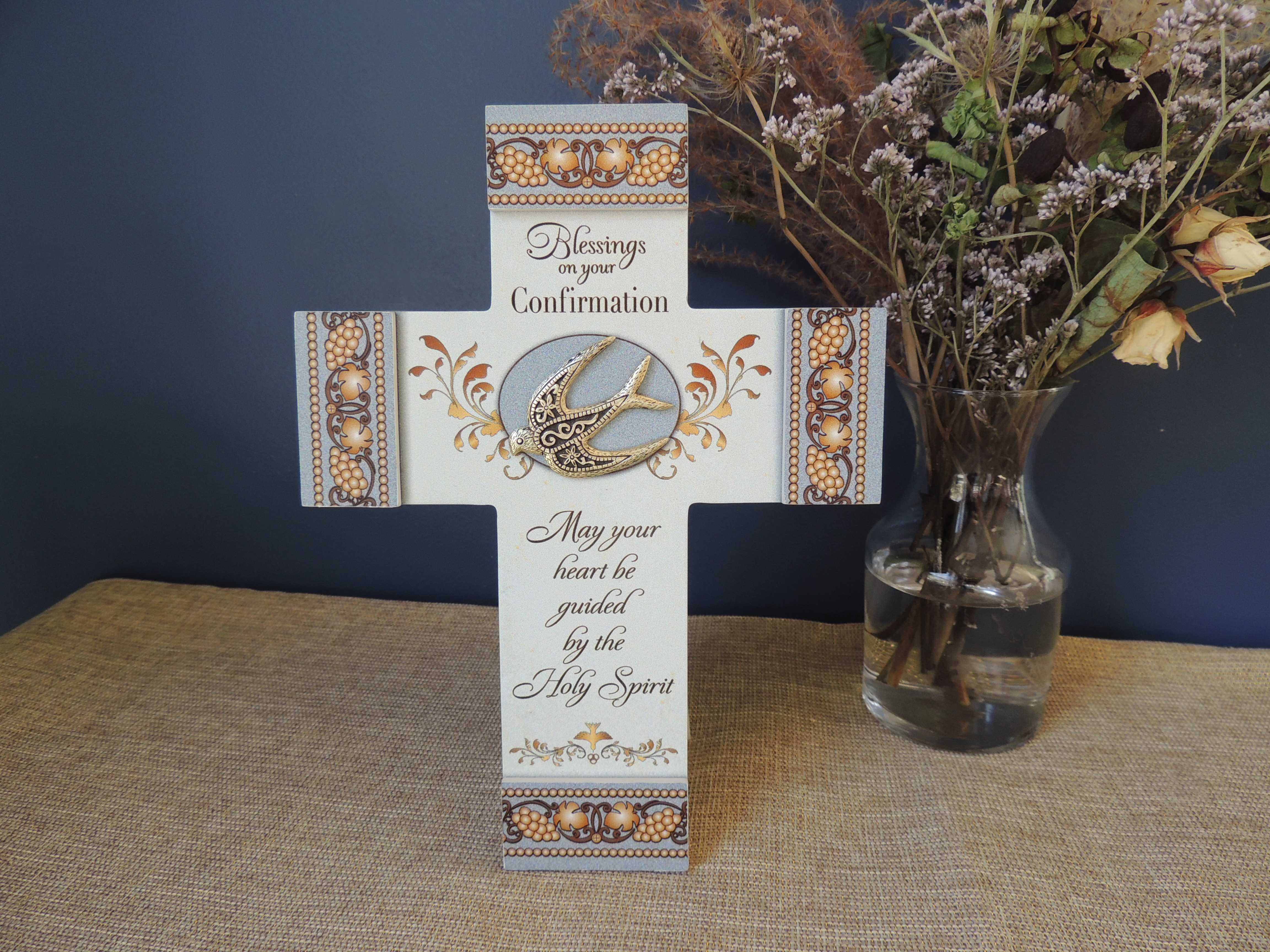 8in Wood Confirmation Cross with metal Dove embellishment. May hang or Stand 