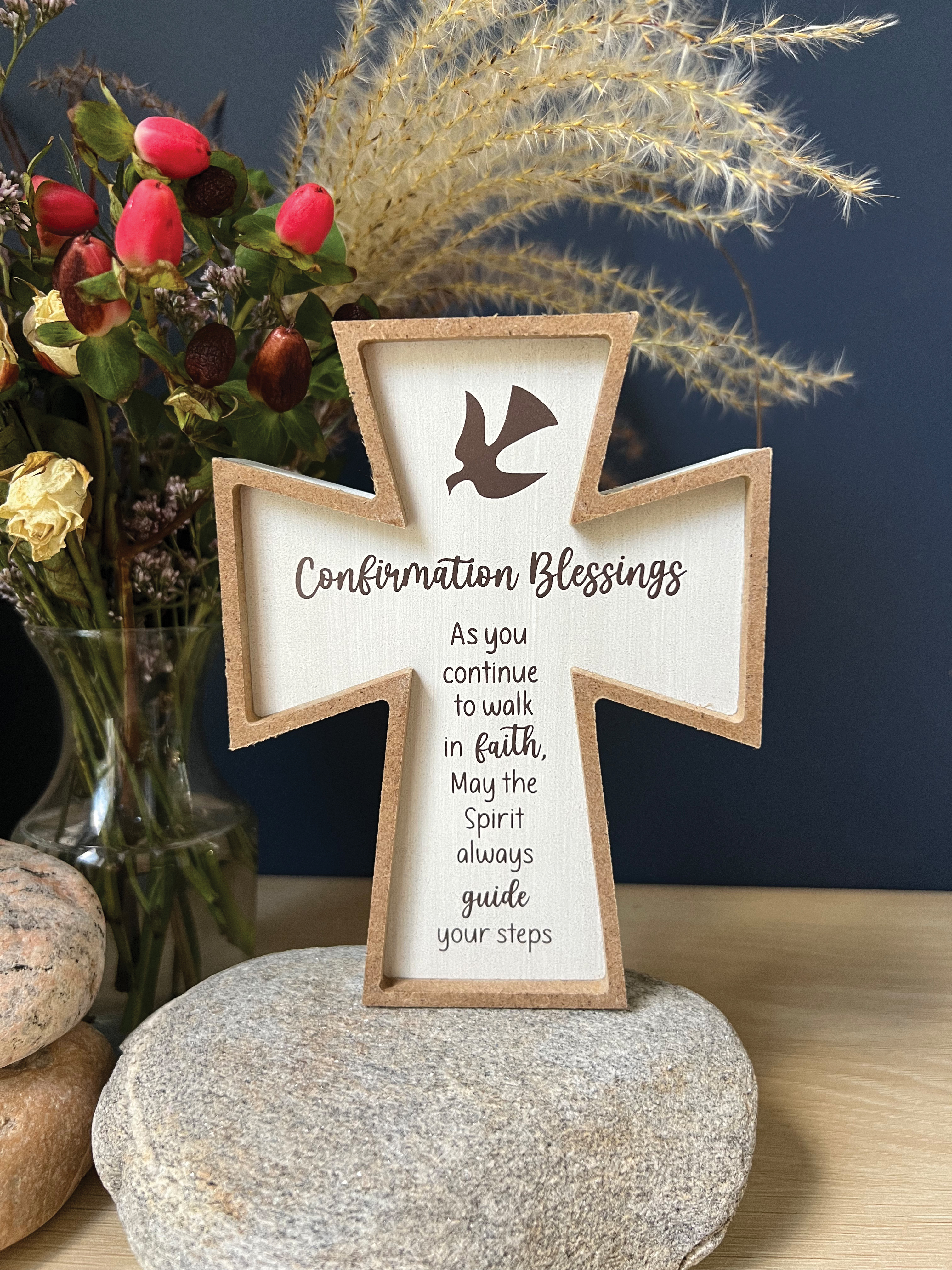 5.5in Framed Wood Confirmation Cross that either hangs or stands 