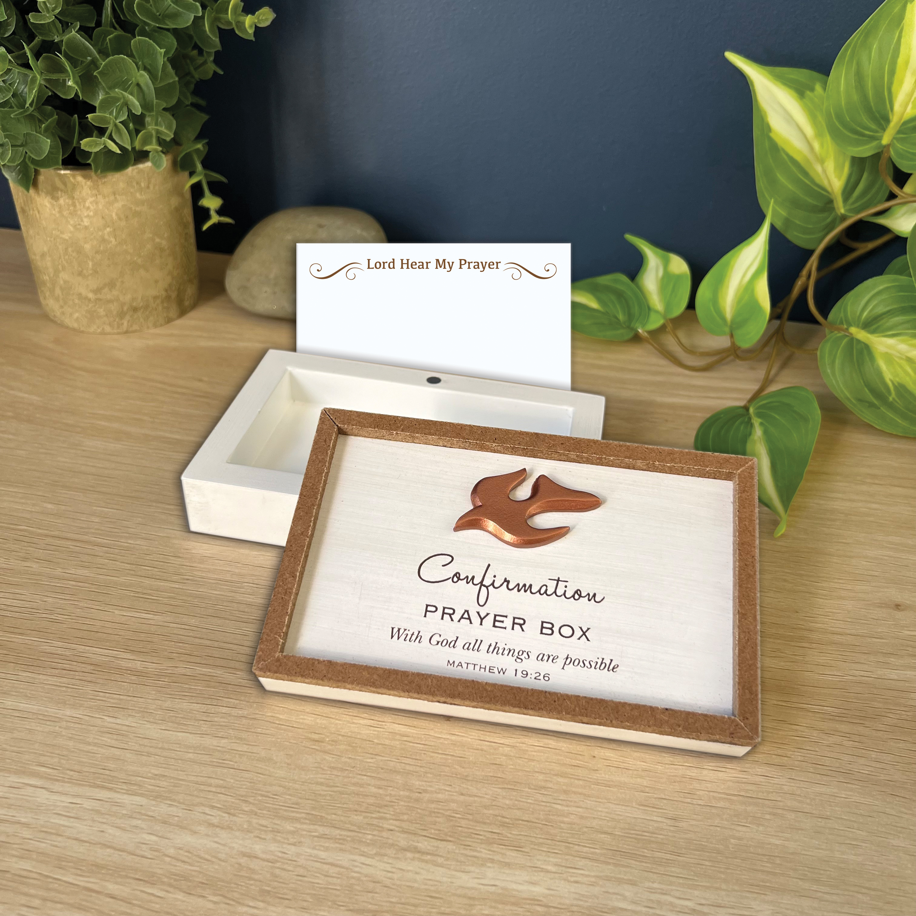 Confirmation Prayer Box. Whitewashed and natural framed wood with 3D Dove embellishment with magnetic closure lid. 25 prayer cards. 5.5in X3.5in X 2in D