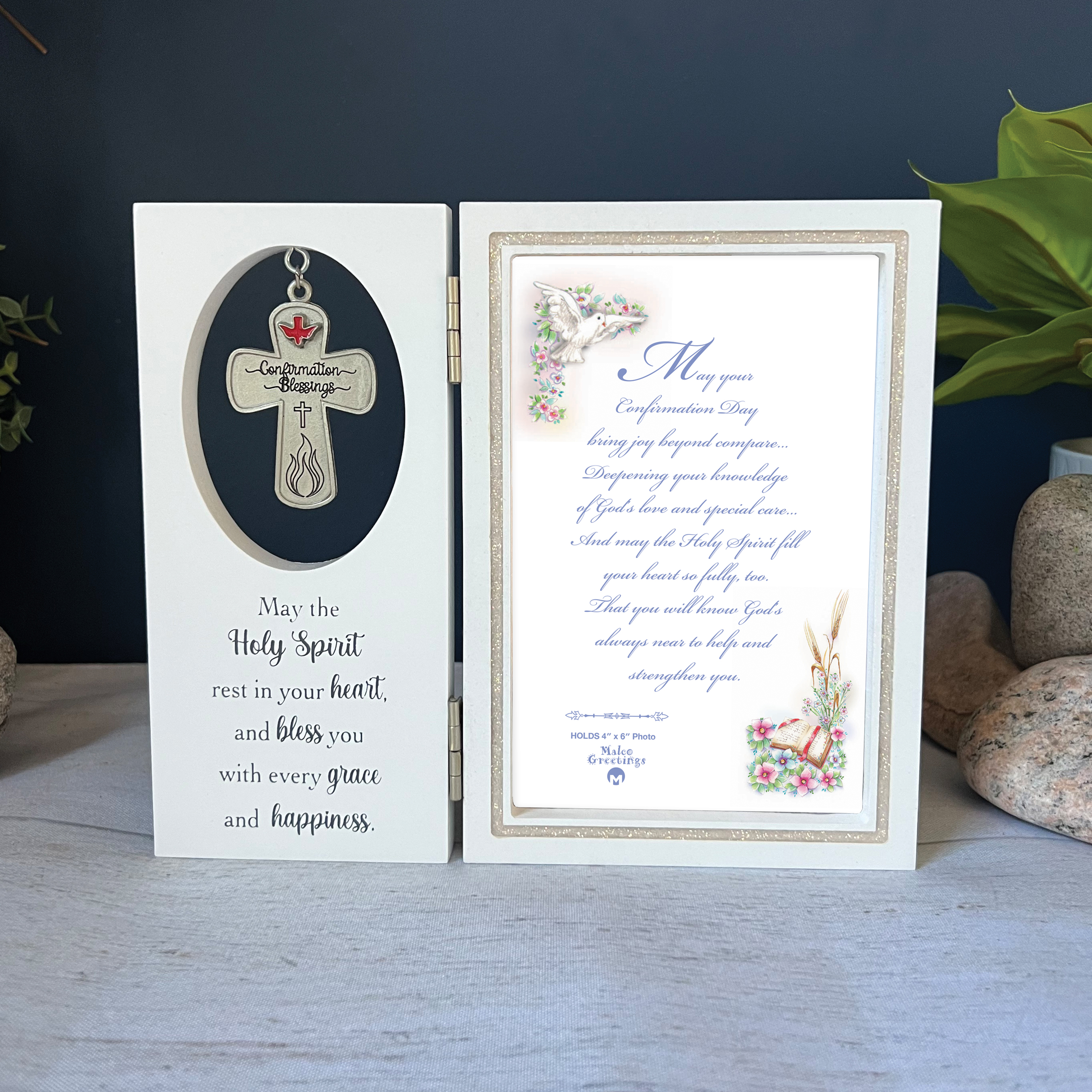 Confirmation Frame Hinged Wood with Cast Metal Dangling Cross and heartfelt Message. Glitter Epoxy Bevel around 4x6in Photo. 7.5x6.5in overall size.