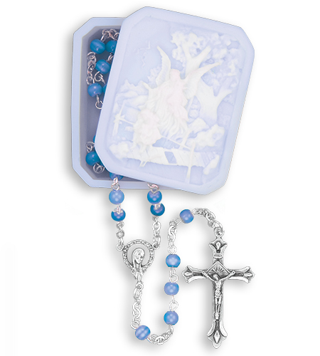 4 mm Blue Cats Eye Rosary with Guardian Angel Box