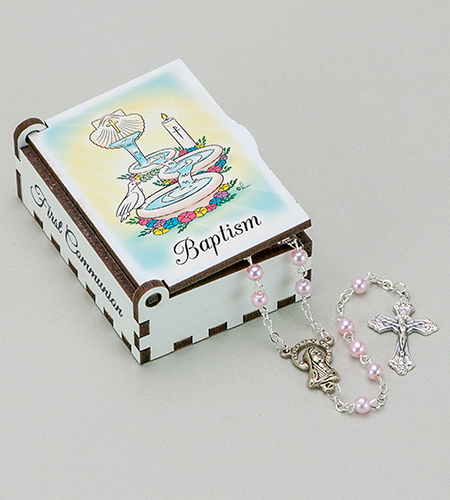 BAPTISM WOOD BOX WITH PINK ROSARY