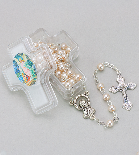 GUARDIAN ANGEL CROSS BOX WITH PEARL ROSARY