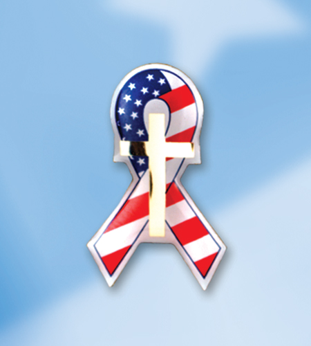 GOD BLESS AMERICA ENAMELED FLAG RIBBON WITH CROSS