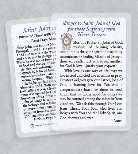 ST JOHN OF GOD/HEART DISEASE LAMINATED HEALING PRAYER CARD