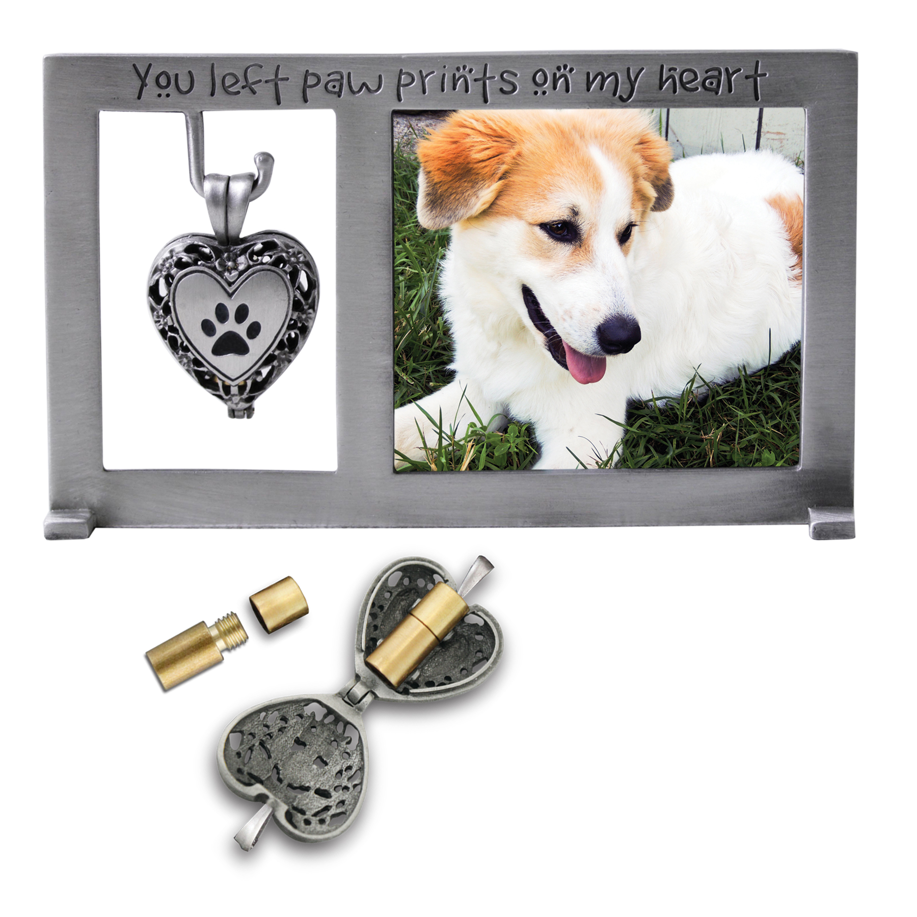 PAW PRINTS ON MY HEART FRAME. CAST METAL WITH SILVER ENAMEL FINISH. HOLDS 2.25 X 2.5 PHOTO 3IN X 5.25. BOXED