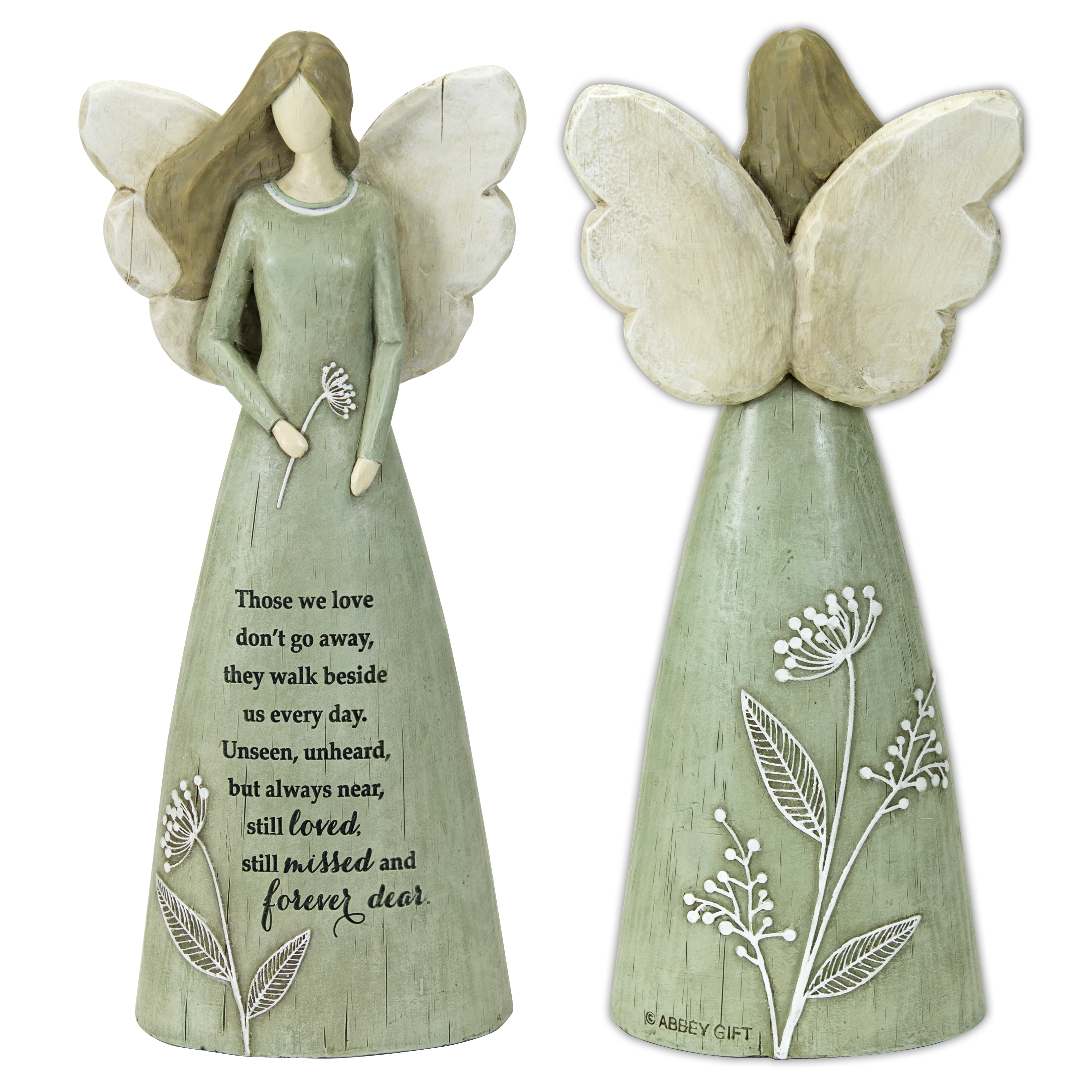 THOSE WE LOVE DON'T GO AWAY ANGEL FIGURINE. CRAFTED OF RESIN WITH A WOOD LOOK, HANDPAINTED WITH FLORAL DETAIL ON FRONT AND BACK. 10 IN HIGH. BOXED