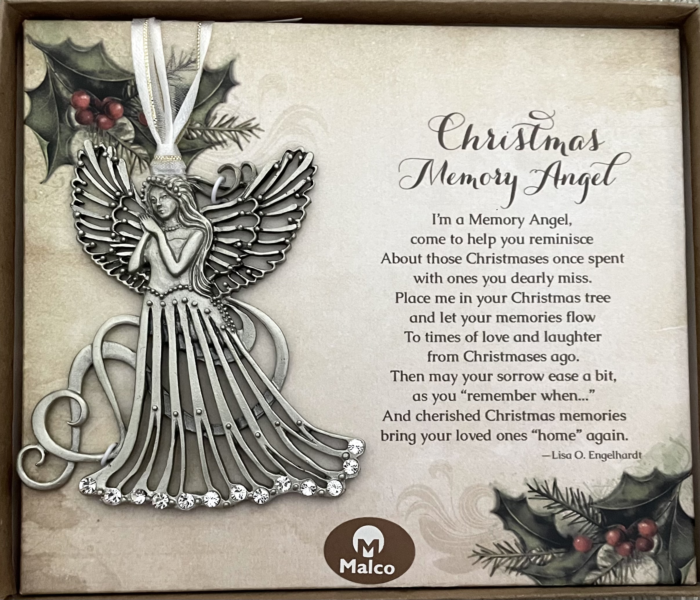 CHRISTMAS MEMORY ANGEL. CAST METAL ANGEL IN SILVER ENAMEL FINISH, EMBELLISHED WITH CRYSTAL STONES AND WHITE ORGANZA RIBBON. 3.25 X 3.75 IN. WINDOW BOX 