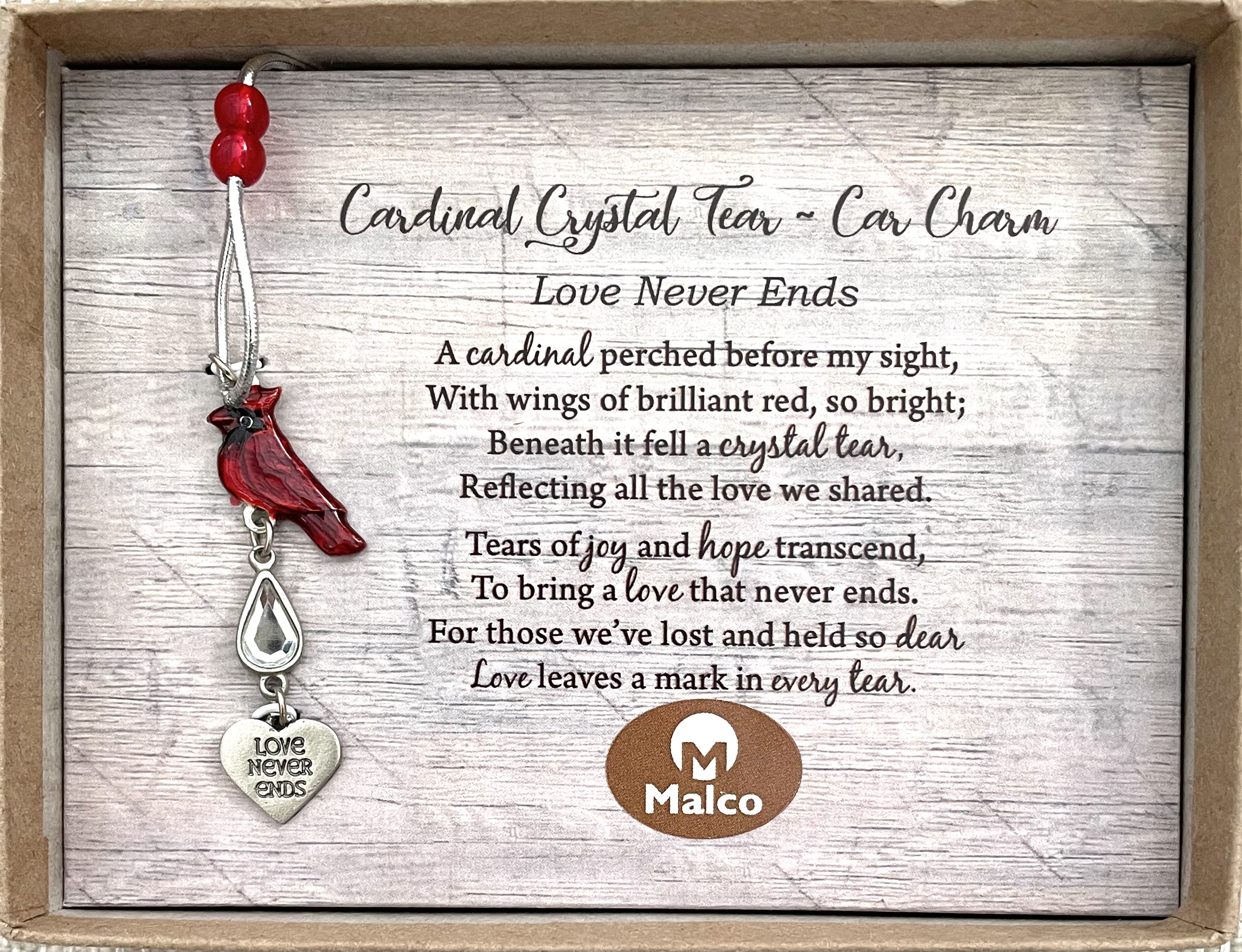 CARDINAL CRYSTAL TEAR CAR CHARM. Cast metal cardinal with translucent epoxy, crystal teardrop, cast metal heart charm, ruby beads and stretch cord. Gift boxed.