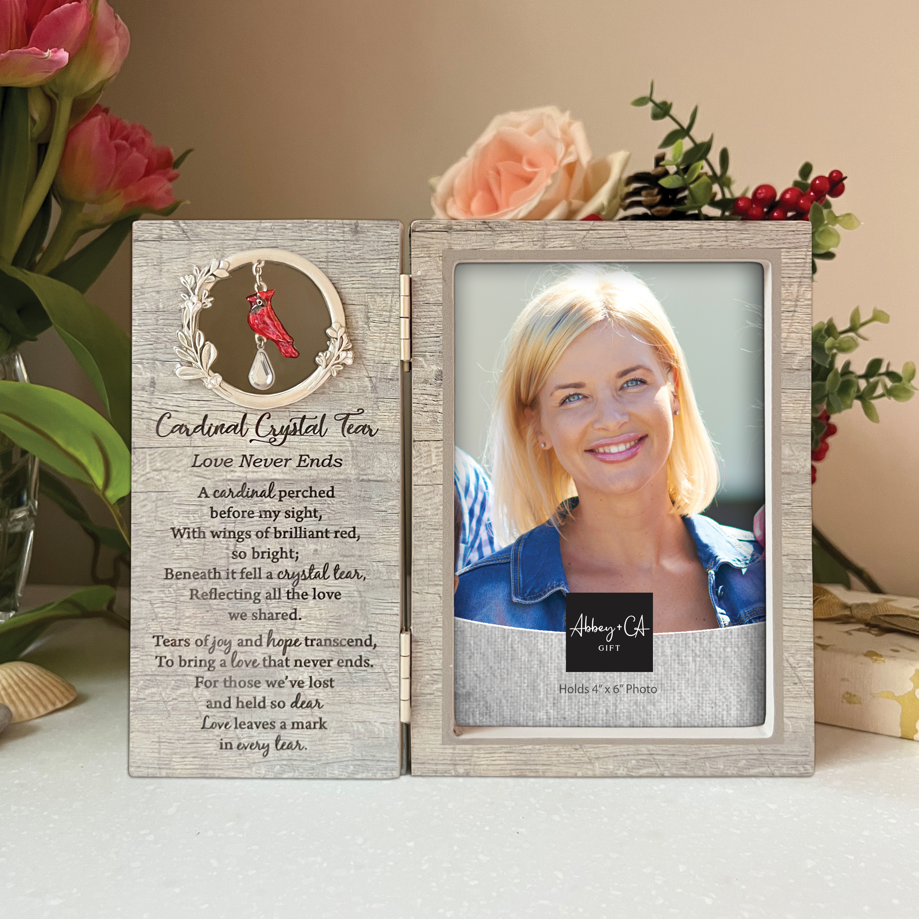 CARDINAL CRYSTAL TEAR HINGED MEMORIAL FRAME. Wood frame that holds 4in x 6in photo. 7.75in W x 6.5in H