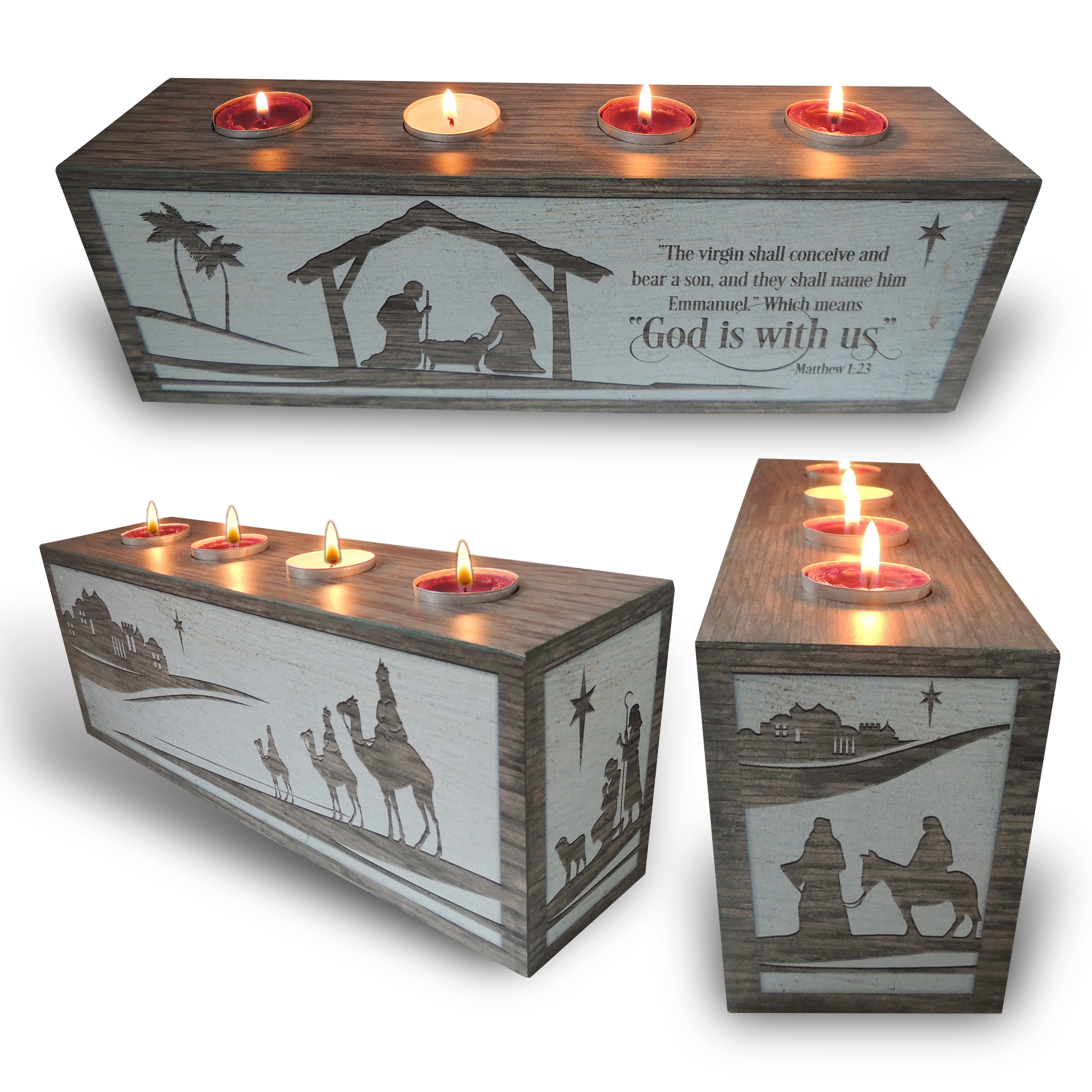 GOD IS WITH US ADVENT TEA LIGHT BLOCK. SUBLIMATED WOOD BLOCK WITH ARTWORK ON EACH SIDE DEPICTING THE JOURNEY OF ADVENT AND CELEBRATION OF CHRIST'S BIRTH WITH SCRIPTURE. COMPLETE WITH TEA LIGHTS AND ADVENT BROCHURE. 13.5 X 3.5 X 4.5 IN. BOXED