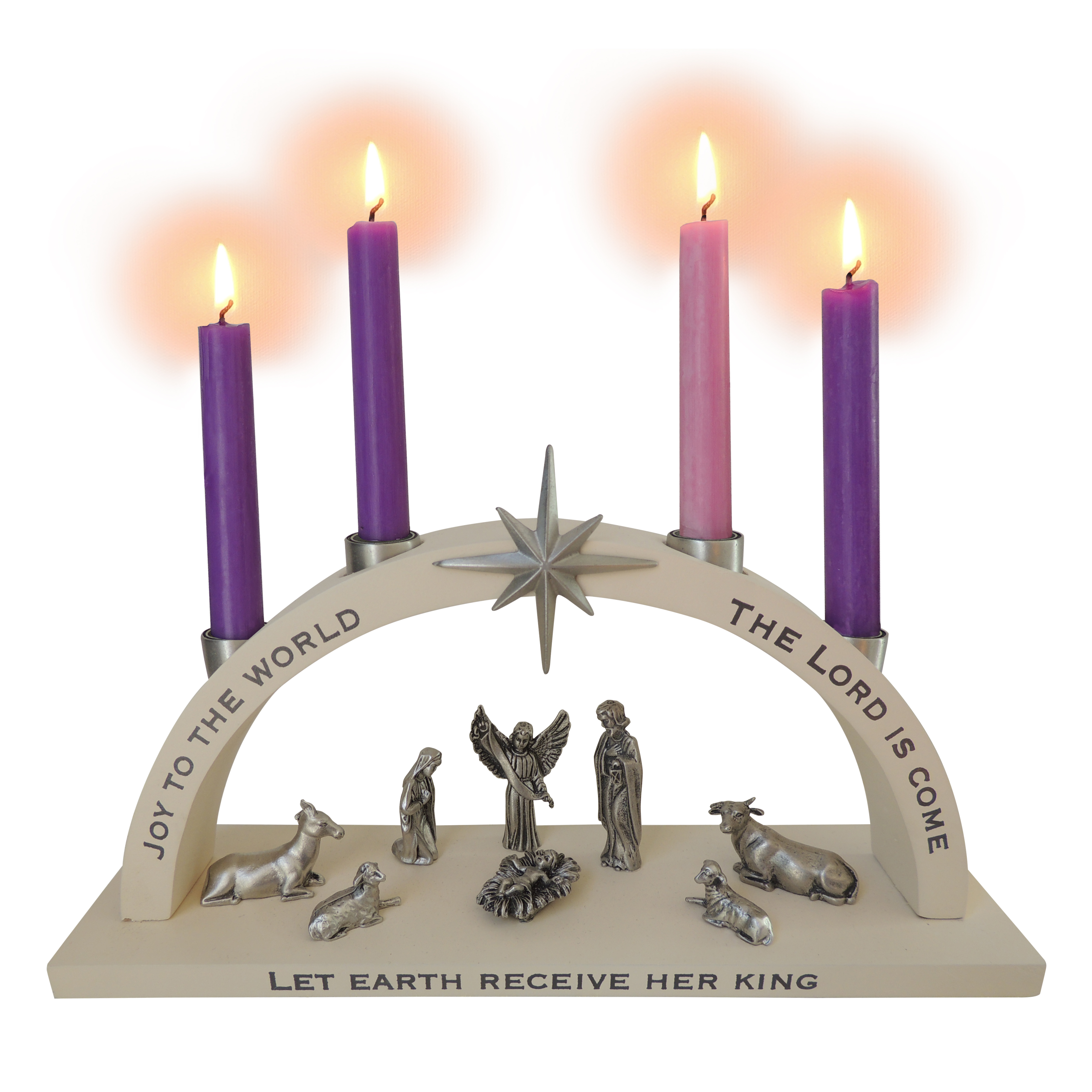 JOY TO THE WORLD ADVENT CANDLE HOLDER. WOOD WITH 8 METAL FIGURES, STAR AND CANDLE HOLDERS IN PEWTER FINISH. COMPLETE WITH SET OF FOUR 4 IN CANDLES. 9 W X 2.5 D X 4.5 H (NOT INCLUDING CANDLE HEIGHT)