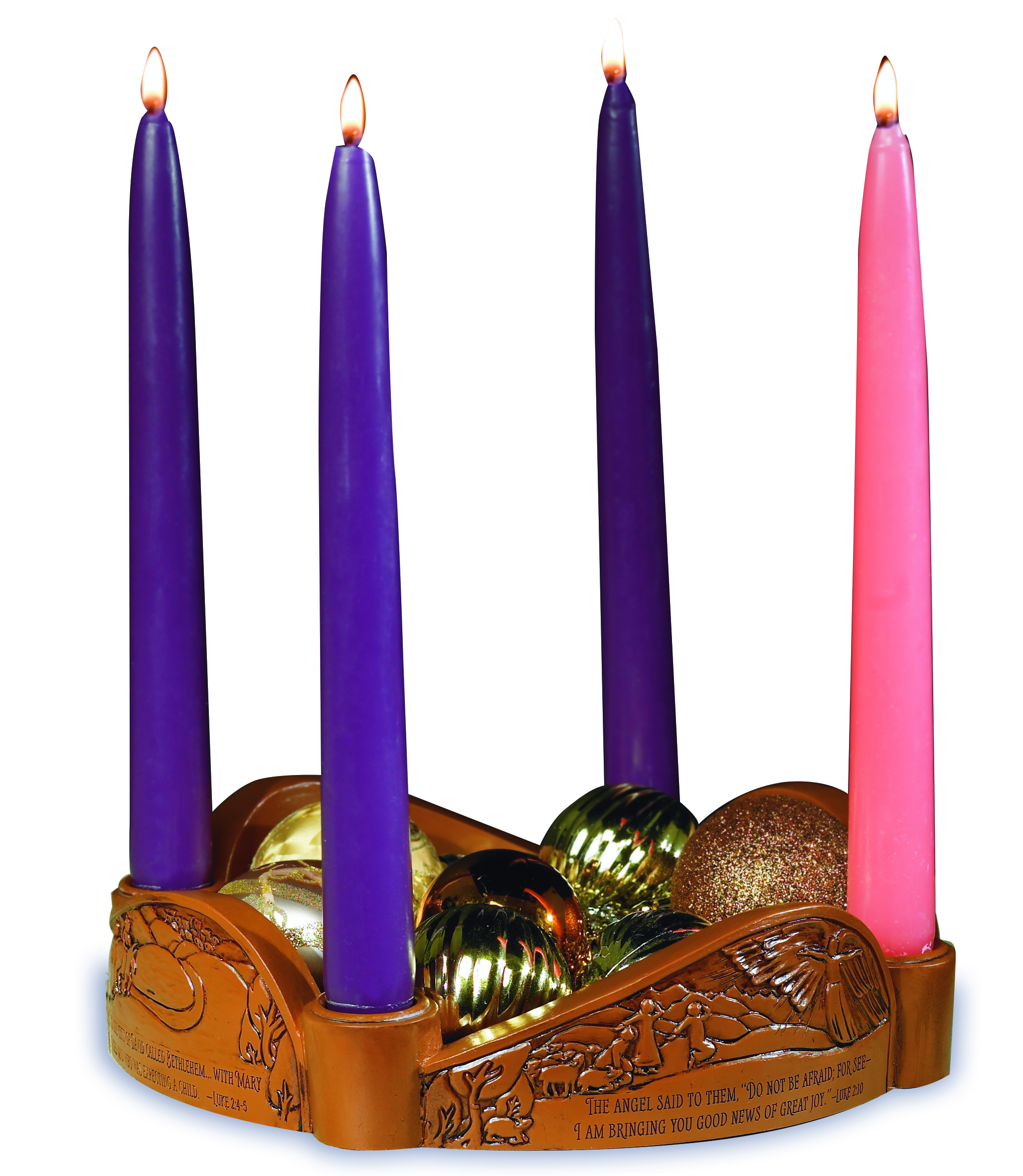 GLORY TO GOD ADVENT WREATH. SCENES AND SCRIPTURE RECOUNT THE JOURNEY TO AND THE CELEBRATION OF JESUS' BIRTH. CRAFTED IN RESIN WITH A LOOK OF RICH WOOD. 9 IN DIAMETER AND 2 IN HIGH. BOXED