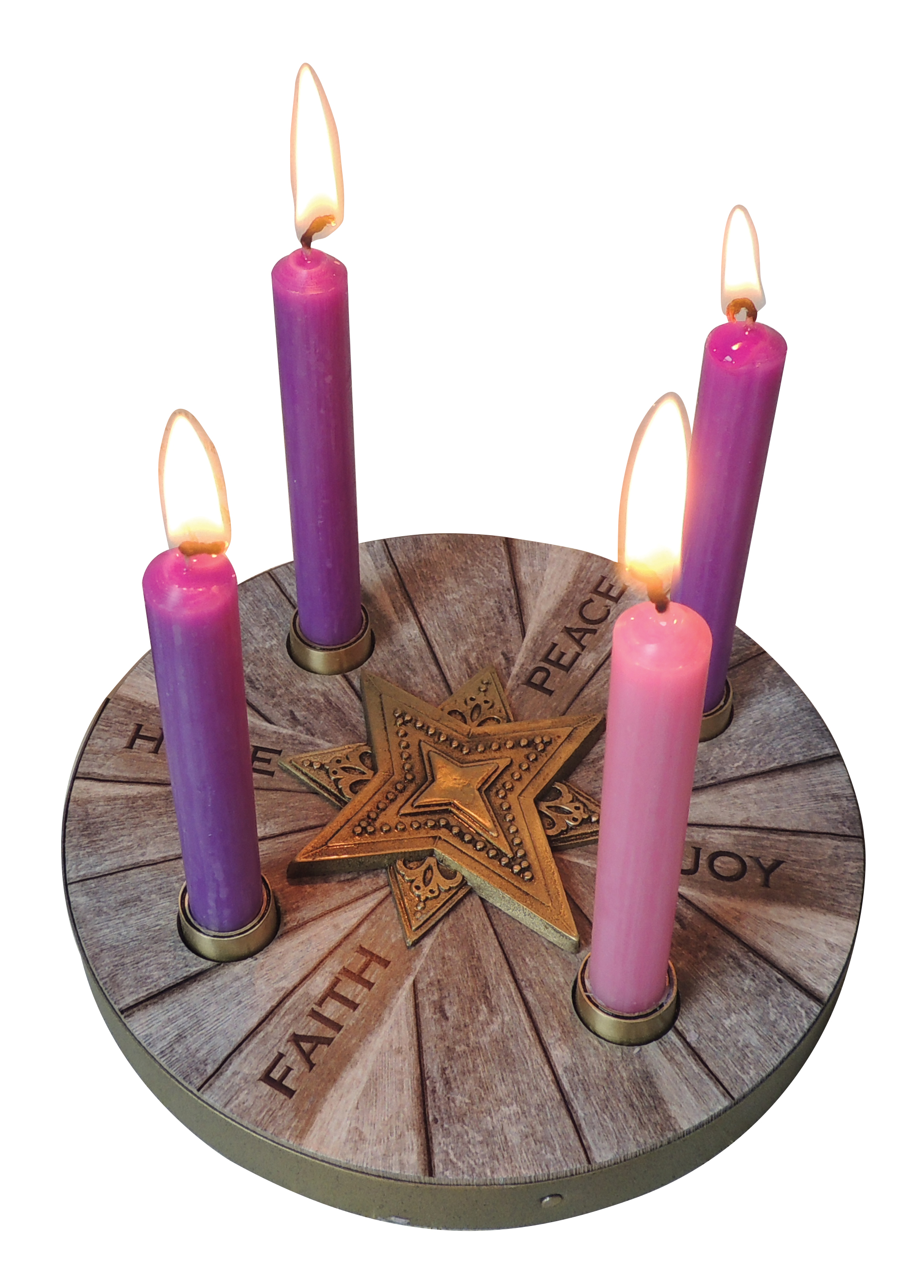 HOPE PEACE FAITH AND JOY ADVENT CANDLE HOLDER. WOOD WITH BRASS OX METAL TRIM, STAR AND CANDLE CUPS. COMPLETE WITH SET OF FOUR 4 IN CANDLES. 6 IN DIAMETER. I