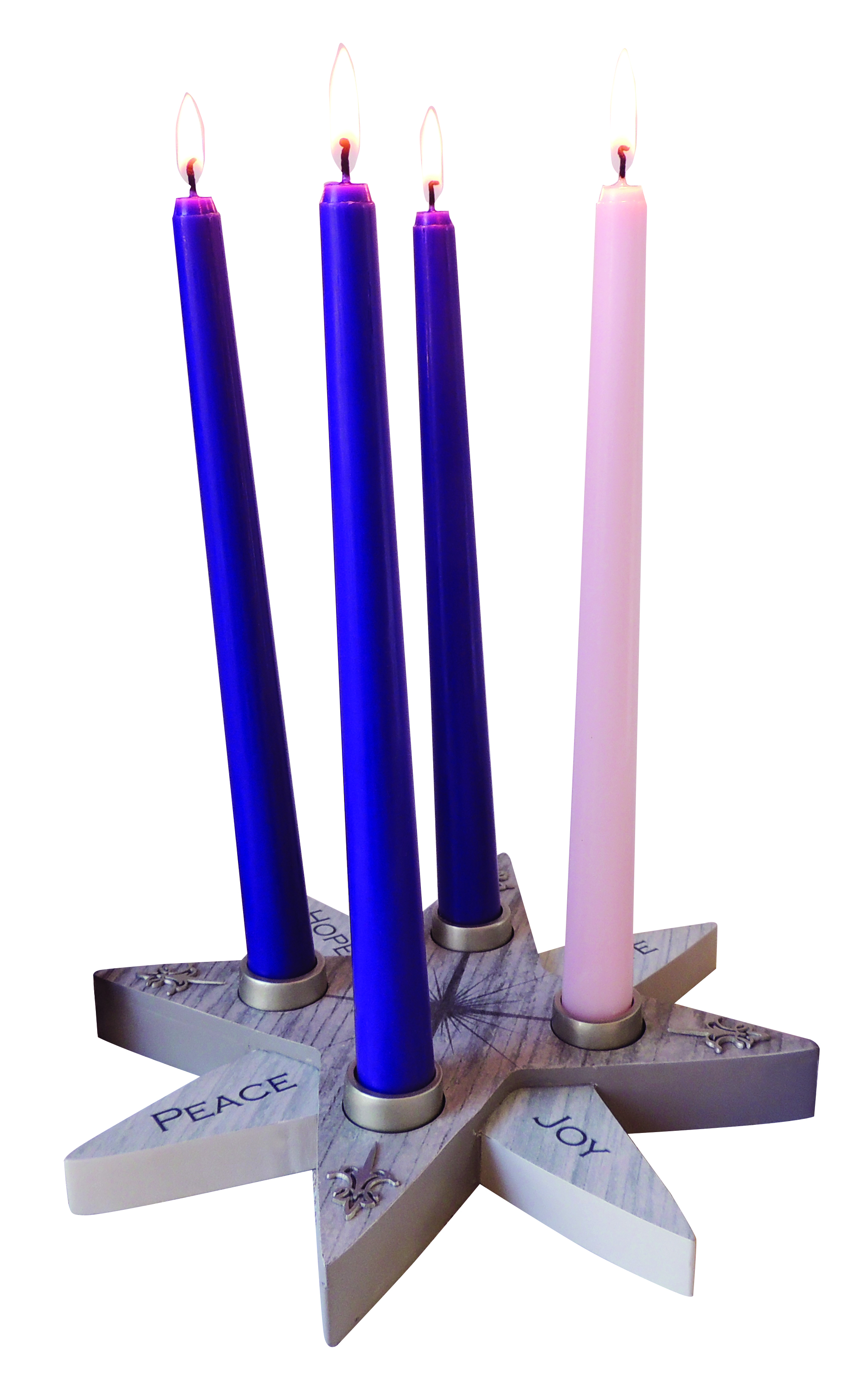 ADVENT STAR CANDLE HOLDER HOPE, PEACE LOVE AND JOY. WOOD WITH METAL ACCENTS AND CANDLE CUPS IN SILVER ENAMEL FINISH. COMPLETE WITH SET OF FOUR 10 IN CANDLES. 9 IN DIAMETER.