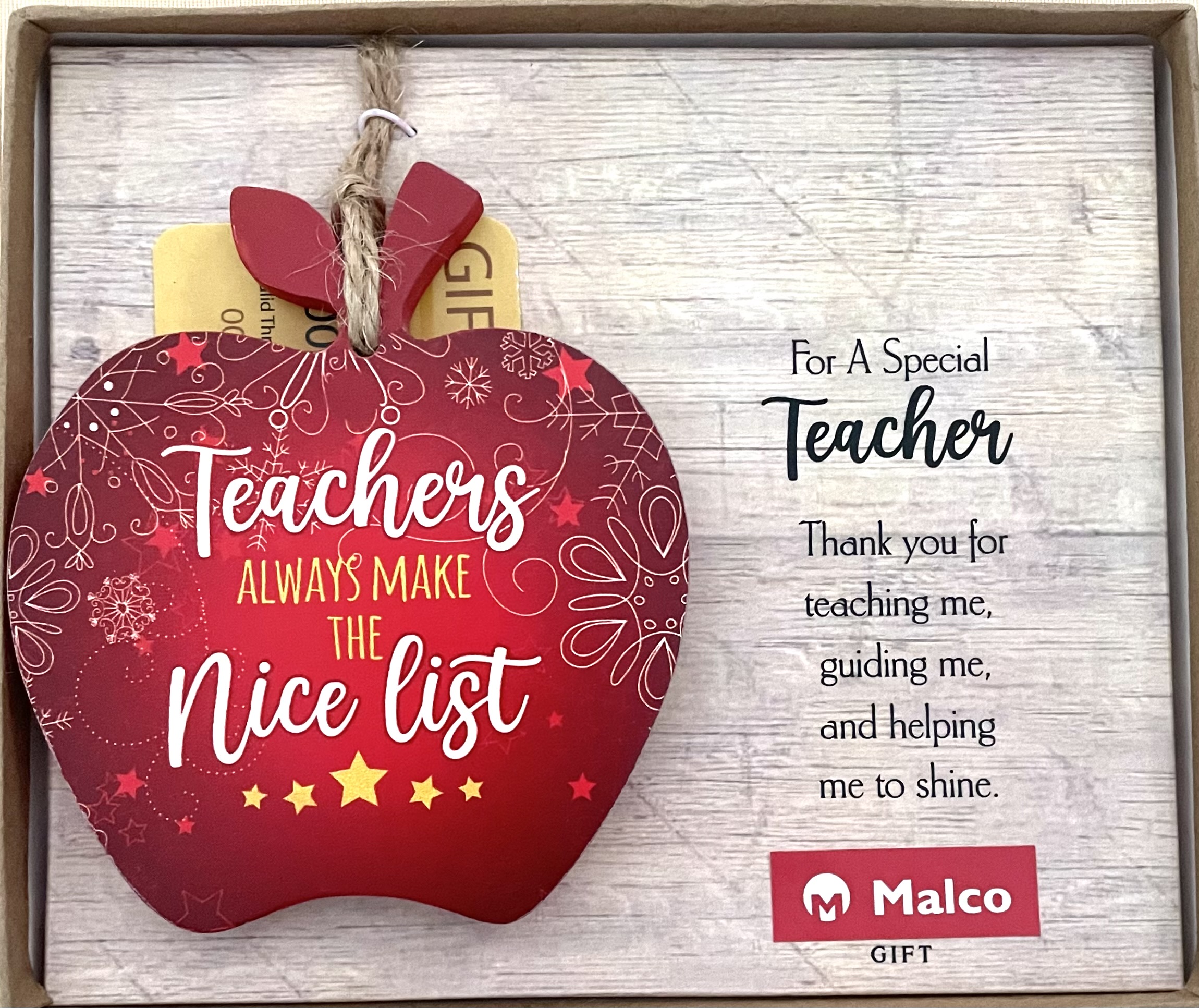 TEACHERS GIFT CARD HOLDER ORNAMENT. CRAFTED IN WOOD AND SUBLIMATED WITH COLORFUL DESIGN WITH MESSAGE ON THE FRONT AND A FABRIC POCKET IN THE BACK SIZED TO HOLD ANY GIFT CARD. COMPLETE WITH JUTE HANGER AND POCKETS SCREENED WITH 