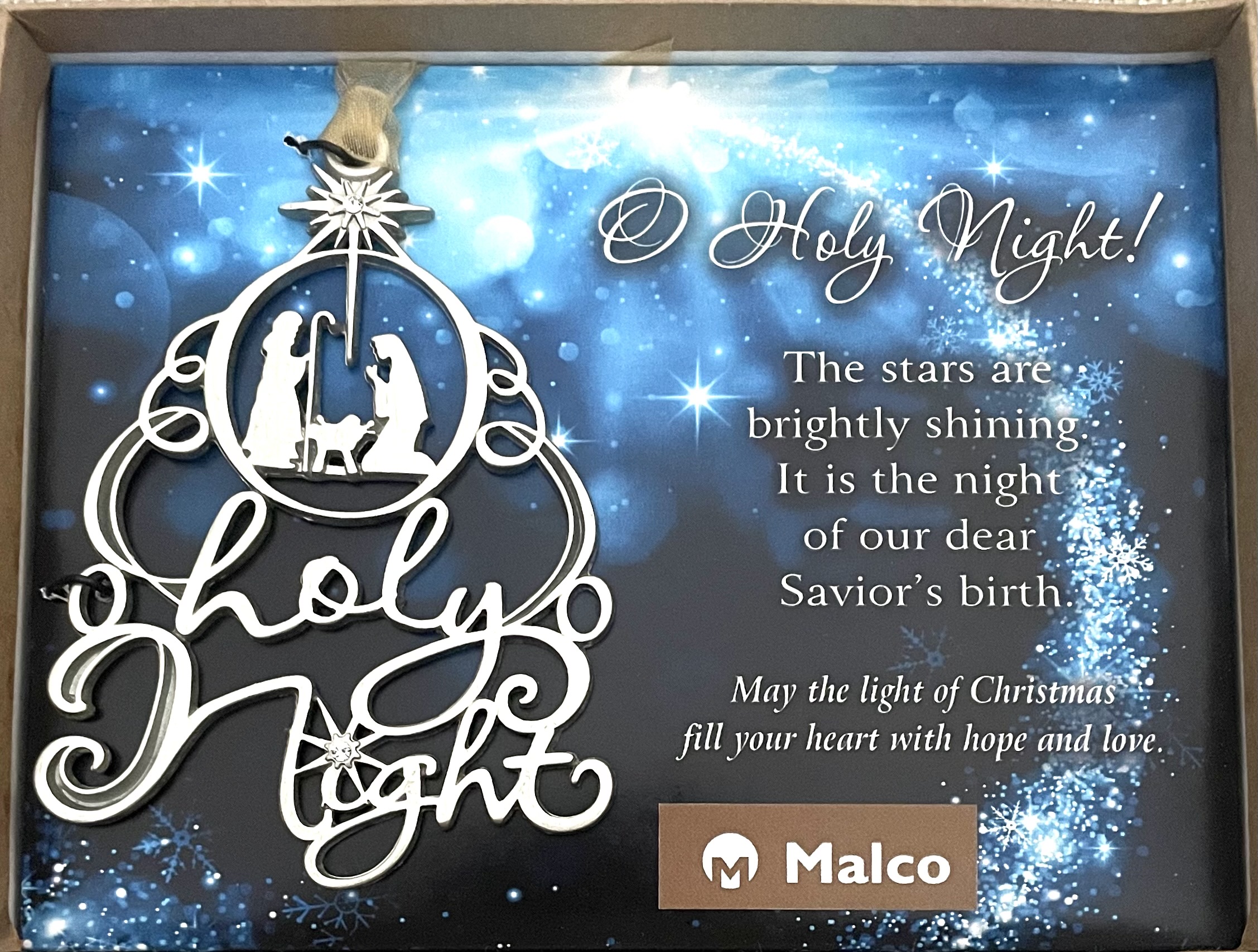 O HOLY NIGHT ORNAMENT SILVER ENAMELED METAL ORNAMENT ADORNED WITH TWO CRYSTALS. ORGANZA RIBBON. 2.5 IN X 3.5 IN. WINDOW BOXED  