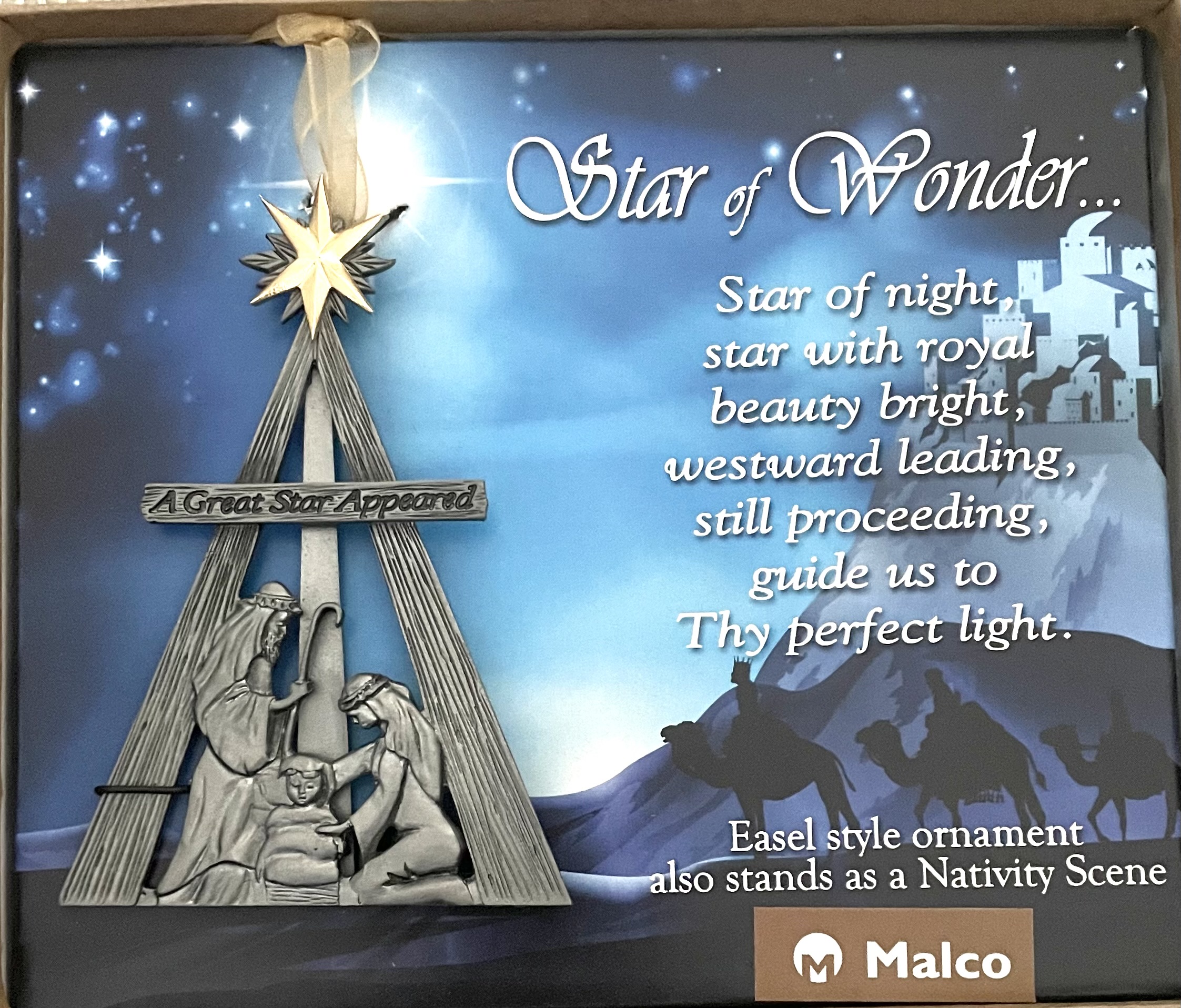 STAR OF WONDER ORNAMENT. UNIQUE EASEL DESIGN MAY HANG OR STAND. PEWTER FINISHED METAL WITH GOLD FINISHED METAL STAR. HANGS ON ORGANZA RIBBON. 2.5 IN X 3.5 IN. WINDOW BOXED 