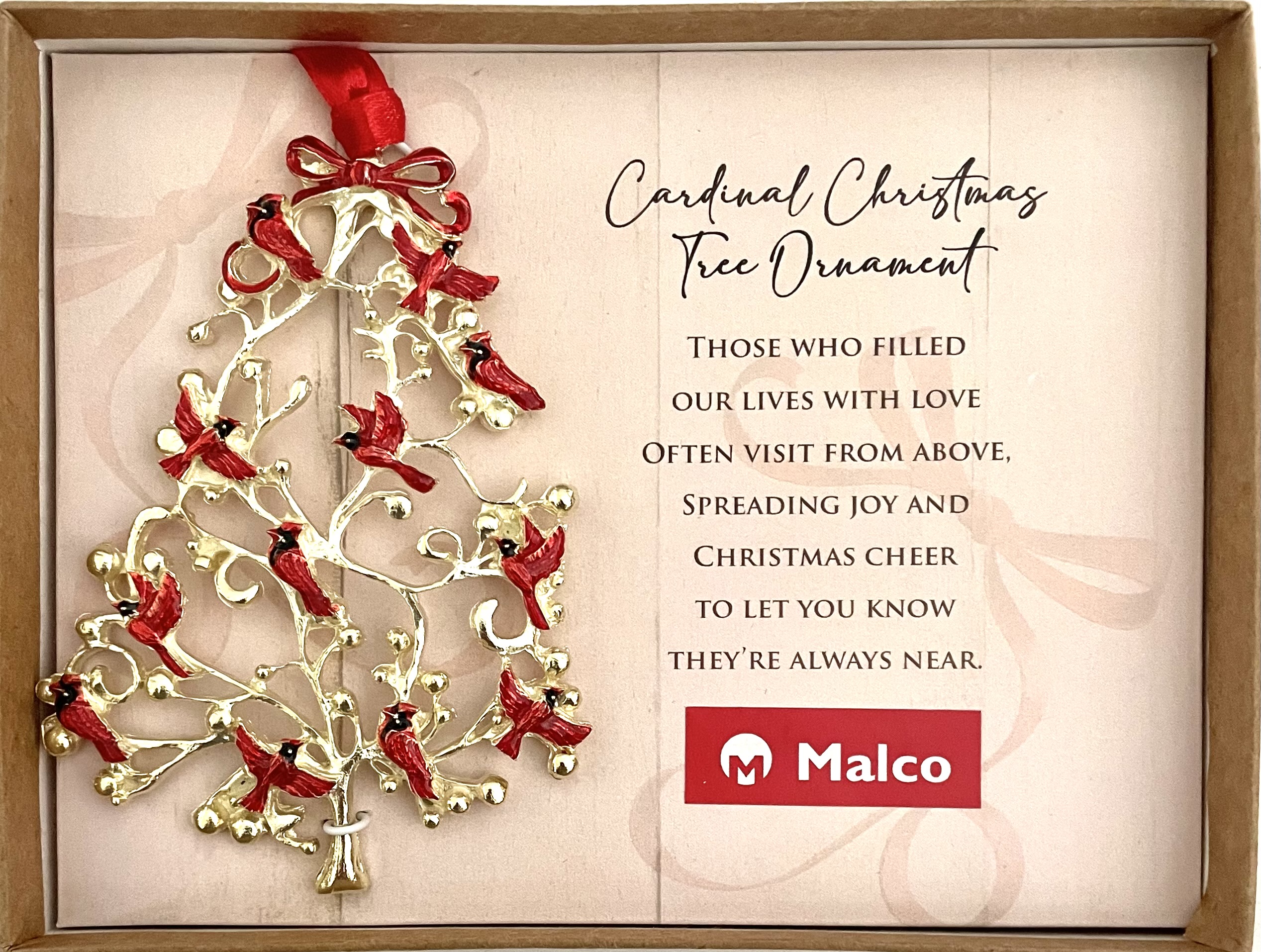 CARDINAL TREE ORNAMENT. CAST METAL WITH GOLD PLATED FINISH AND TRANSLUCENT RED AND BLACK EPOXY CARDINALS. HANGS ON RED SATIN RIBBON. 2.75IN W X 4IN H. WINDOW BOXED