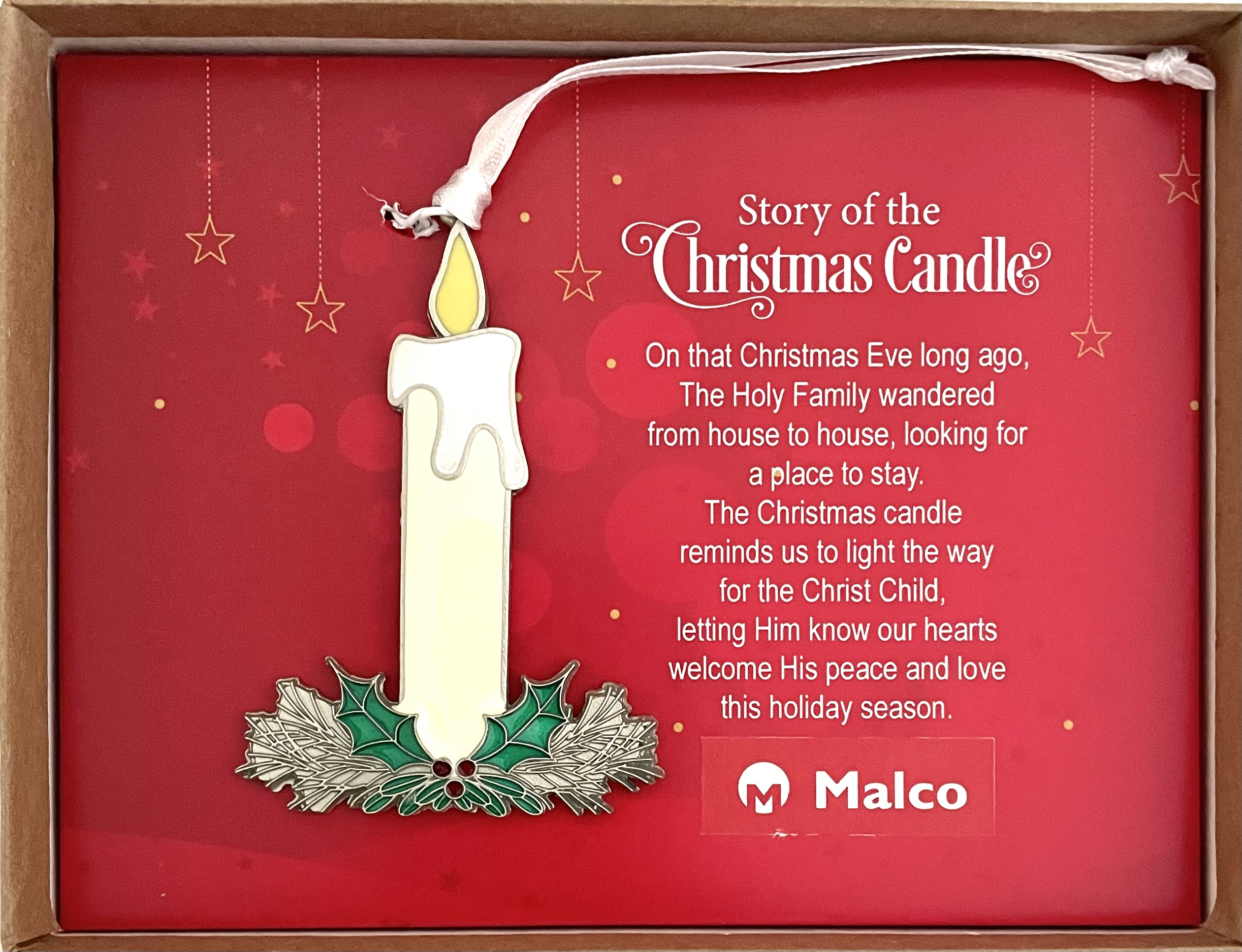 CANDLE ORNAMENT. CAST METAL WITH SILVER ENAMEL FINISH AND MULTIPLE EPOXY FILLS. HANGS ON WHITE SATIN RIBBON. 2.5IN W X 3.5IN H. WINDOW BOXED