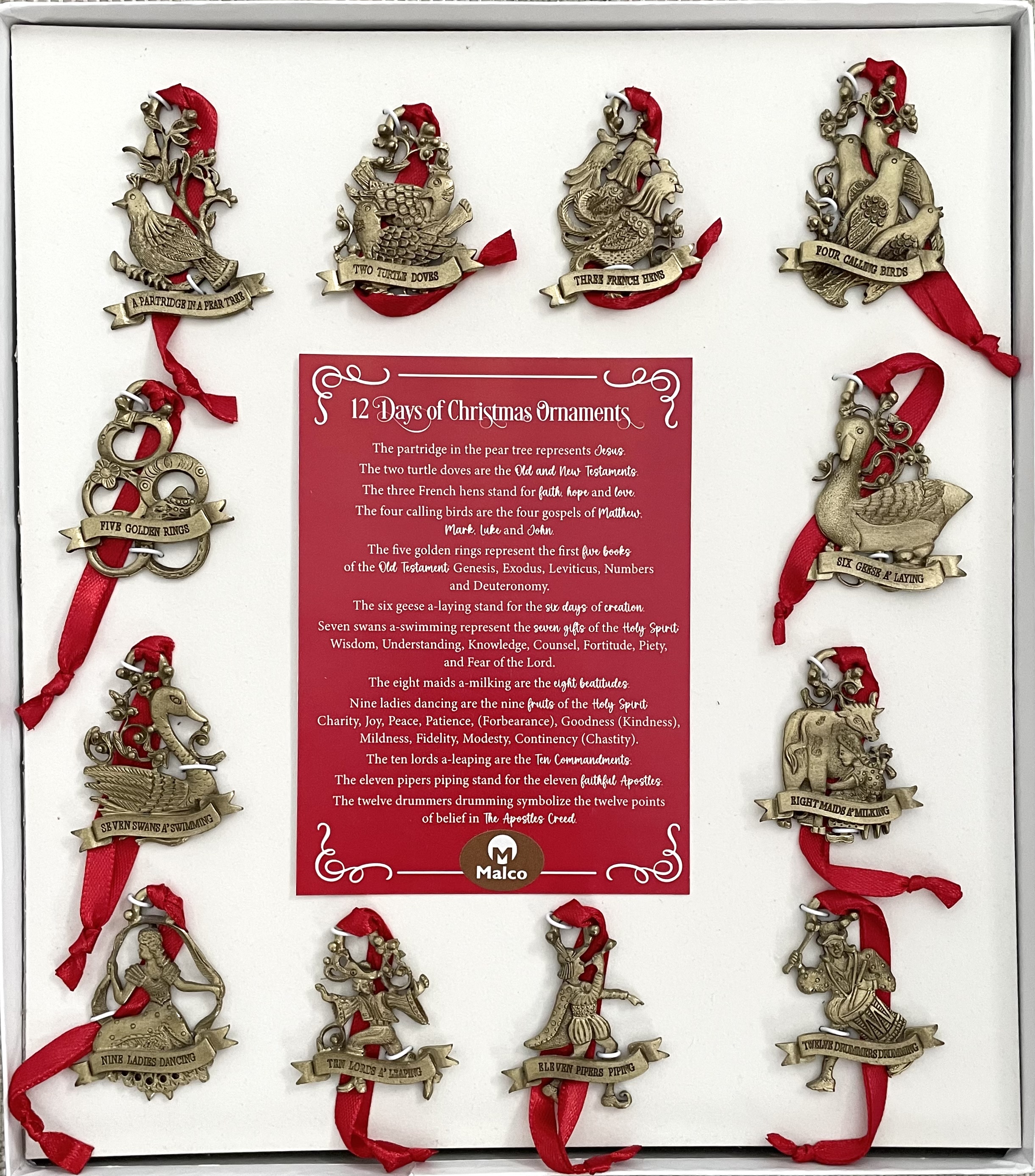 TWELVE DAYS OF CHRISTMAS ORNAMENTS SET. Finely crafted of metal with gold enamel finish, capturing the exceptional detail of each, a keepsake to cherish for generations. Size of each ornament 1.75in W x 3in H. Gift boxed with story card.