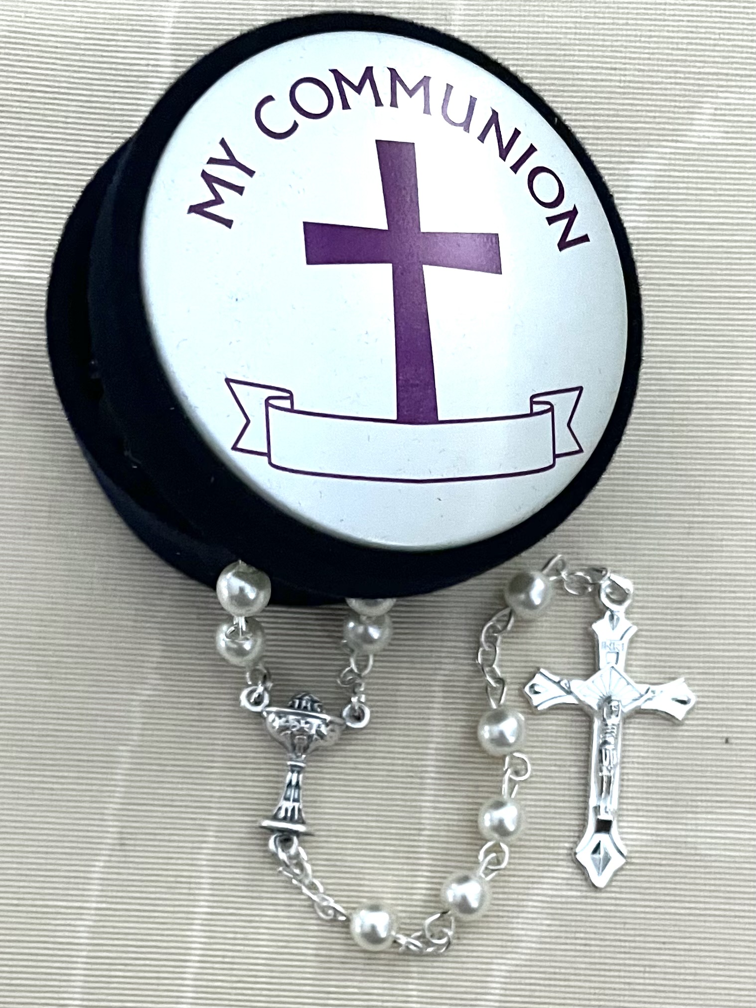 5 mm Pearl First Communion Rosary with Rosary keepsake box. Can be personalized. Gift boxed.