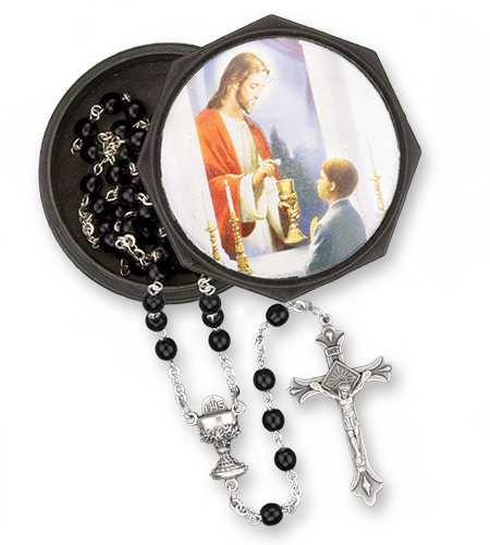 Traditions Boy Box with 5 mm Black Glass Rosary