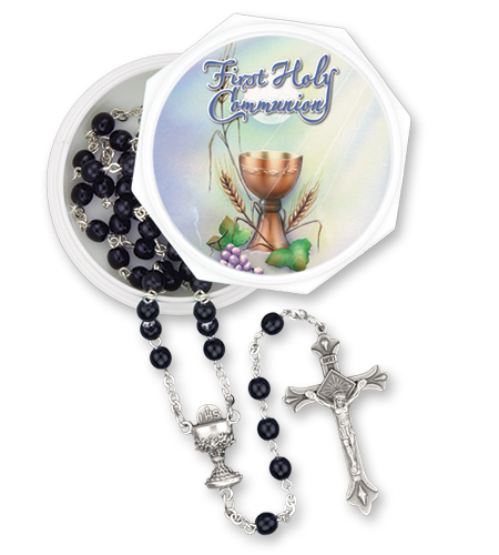 Wheat And Grapes First Communion Box with Black Rosary