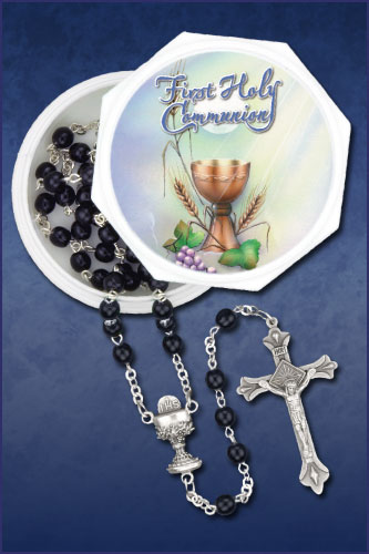 Wheat And Grapes First Communion Box with Black Rosary