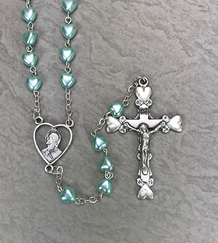 6x6mm LIGHT BLUE PEARL HEART ROSARY WITH ENGRAVED C&C | 4100604 | Malhame