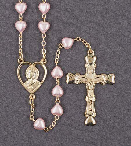 6x6mm PINK PEARL HEART GOLD ROSARY WITH ROMAGNA C&C