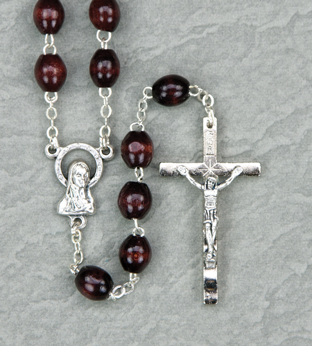 8 mm x 6 mm Maroon Oval Wood Rosary 20 in Length