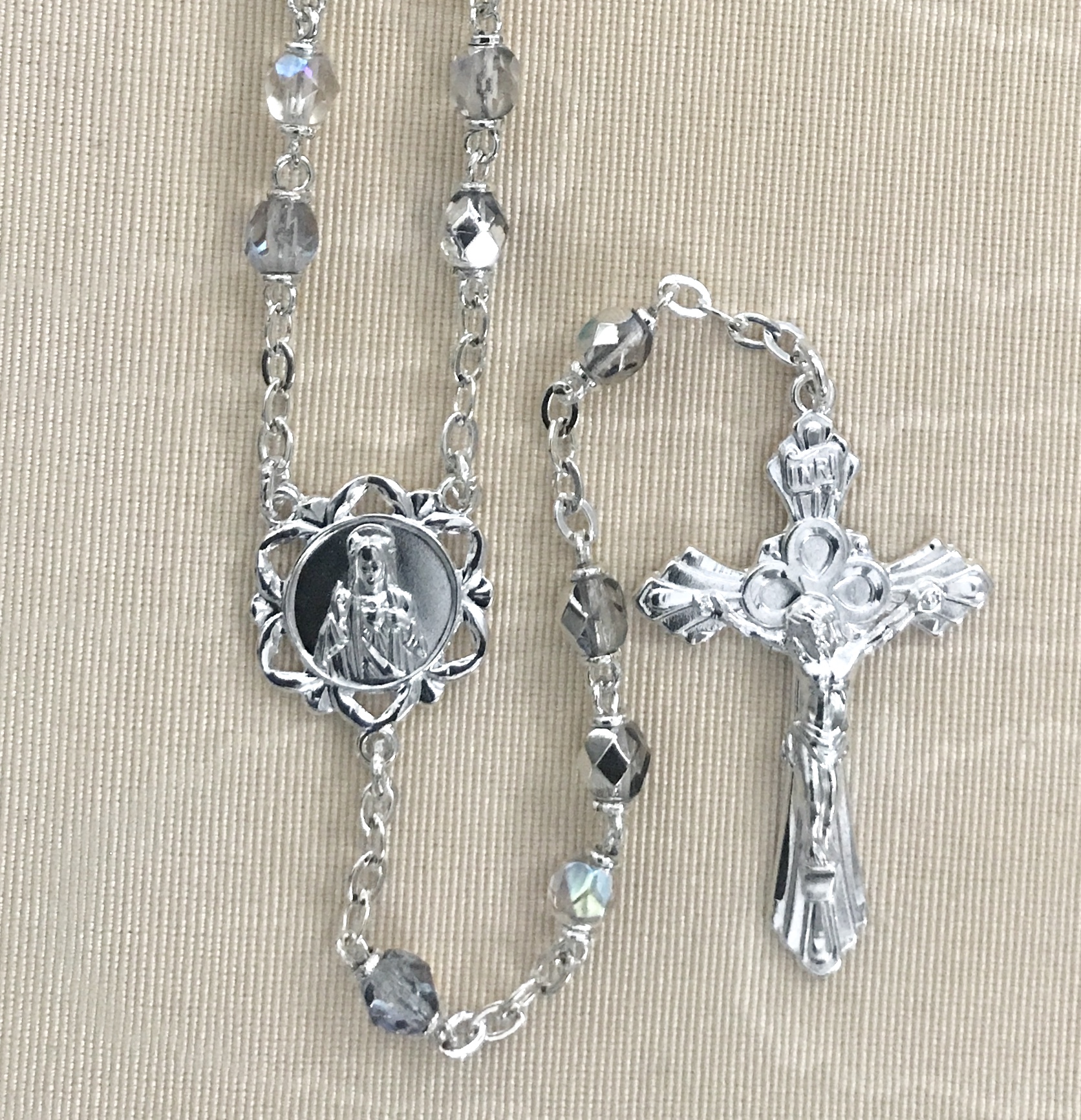 6mm ROUND CRYSTAL AB ROSARY WITH STERLING SILVER PLATED CENTER AND CRUCIFIX GIFT BOXED
