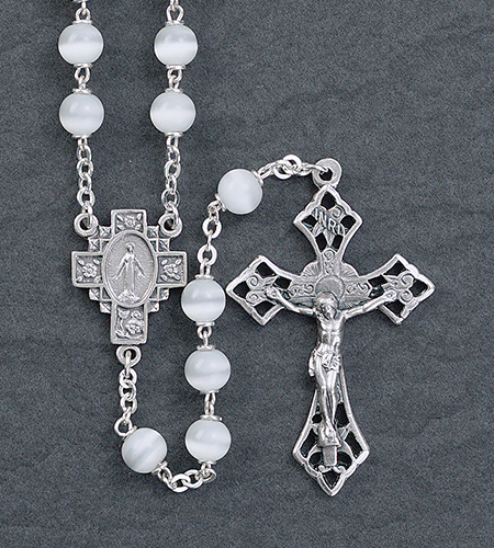 6 mm Round White Cats Eye Romagna Center & Crucifix Rosary