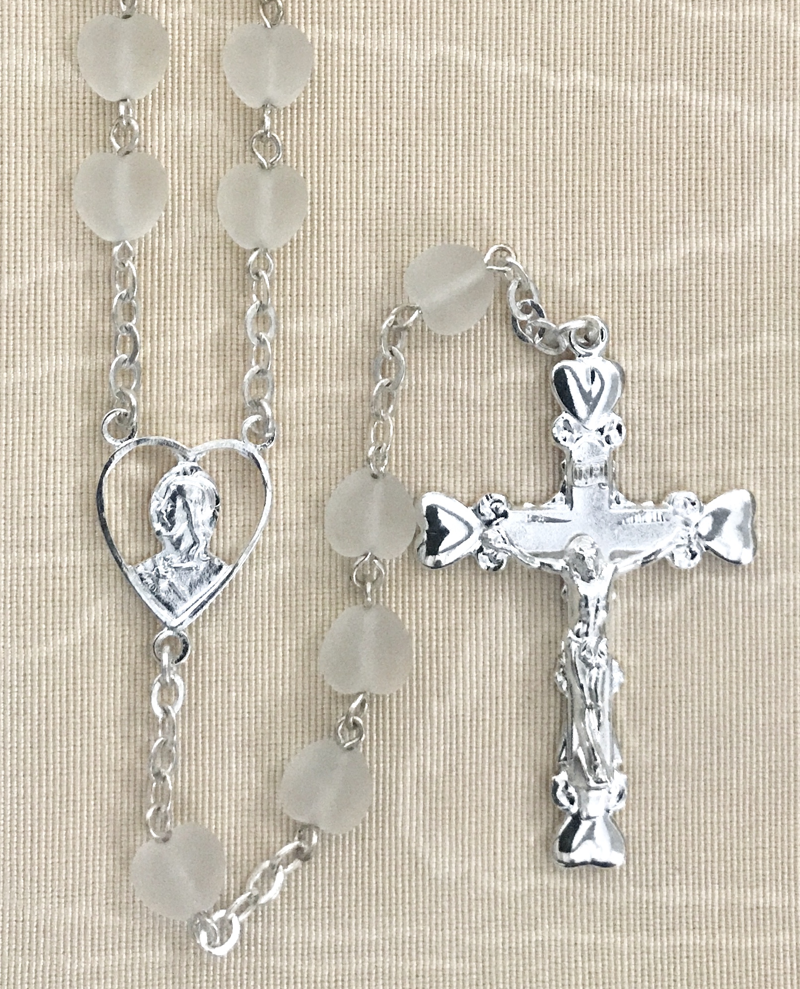 8x8mm HEART SHAPE FROSTED CRYSTAL ROSARY WITH STERLING SILVER PLATED CENTER & CRUCIFIX GIFT BOXED